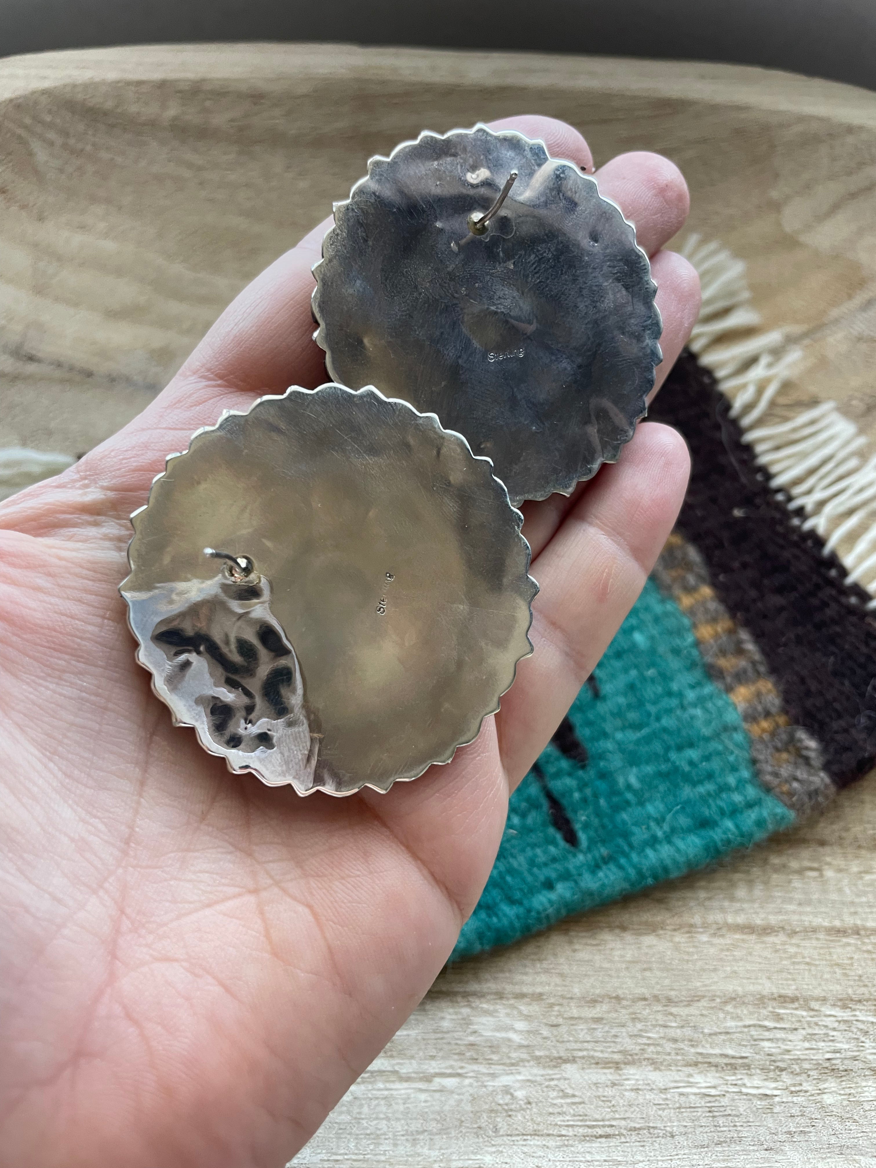 Navajo Howlite Circle Cluster Earrings Signed Jo