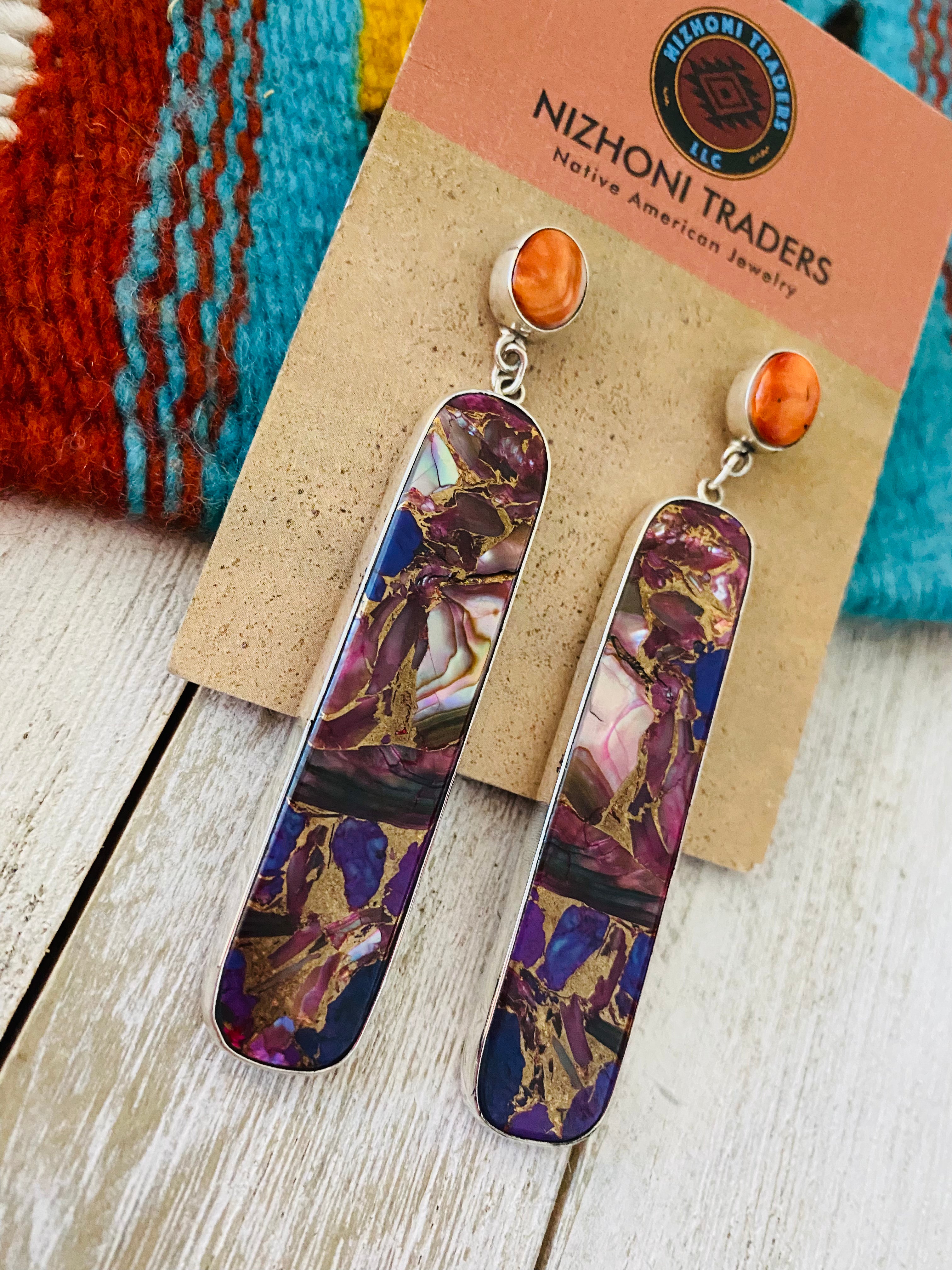 Navajo Abalone Dream, Spiny & Sterling Silver Dangle Earrings