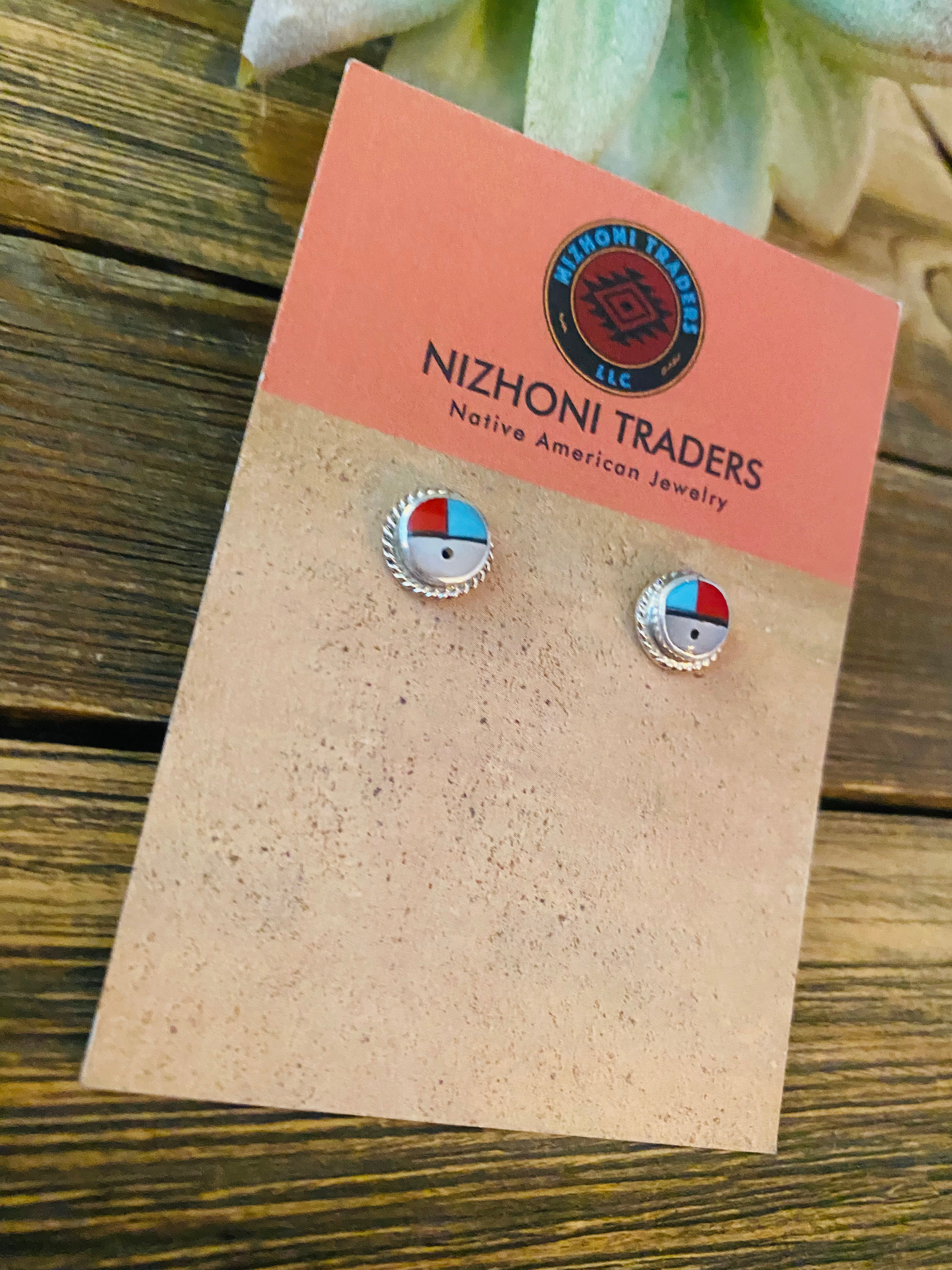 Zuni Sun Face Multi Stone And Sterling Stud Earrings