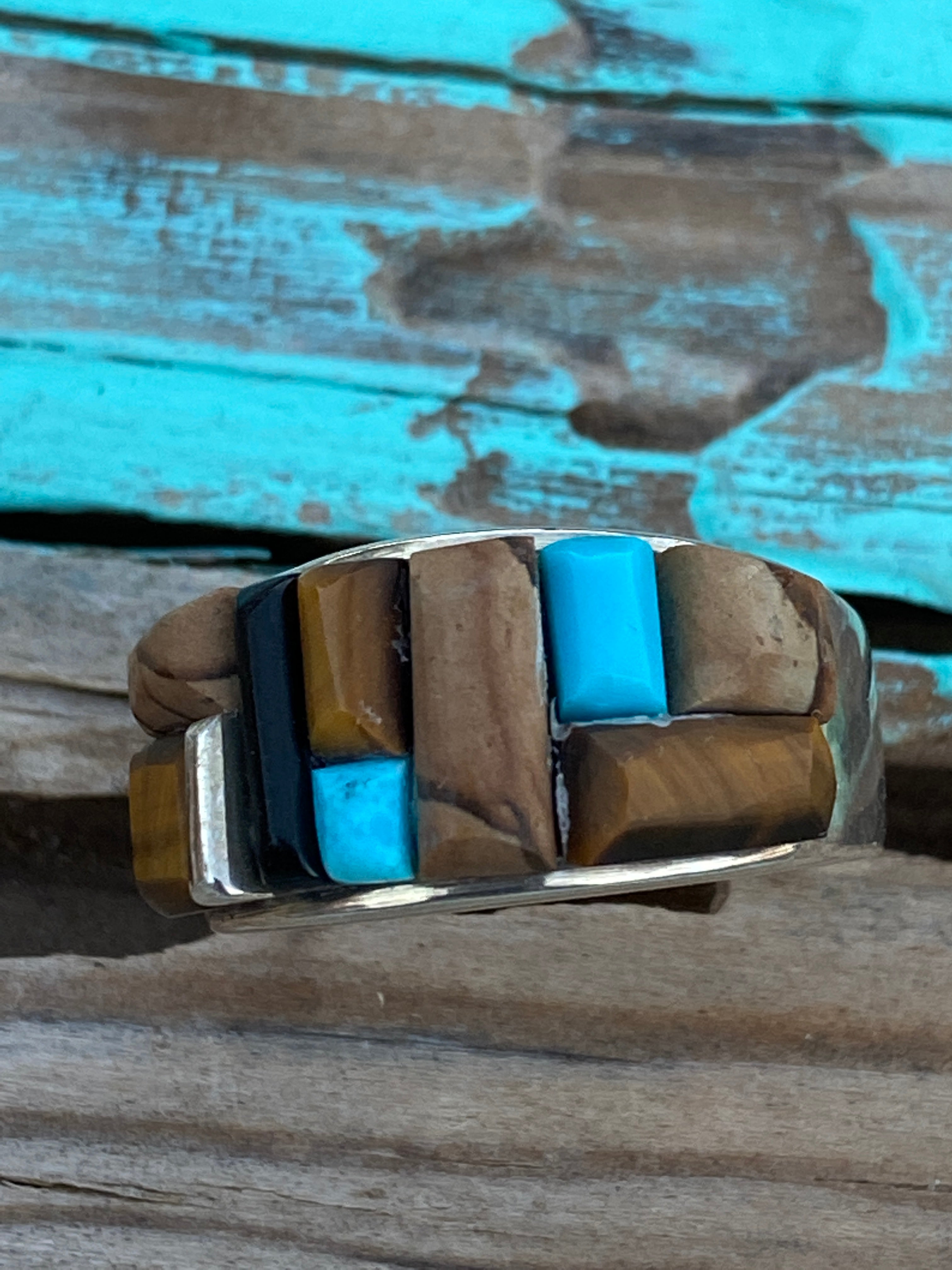 Navajo Turquoise Onyx, Petrified Wood & Sterling silver Ring