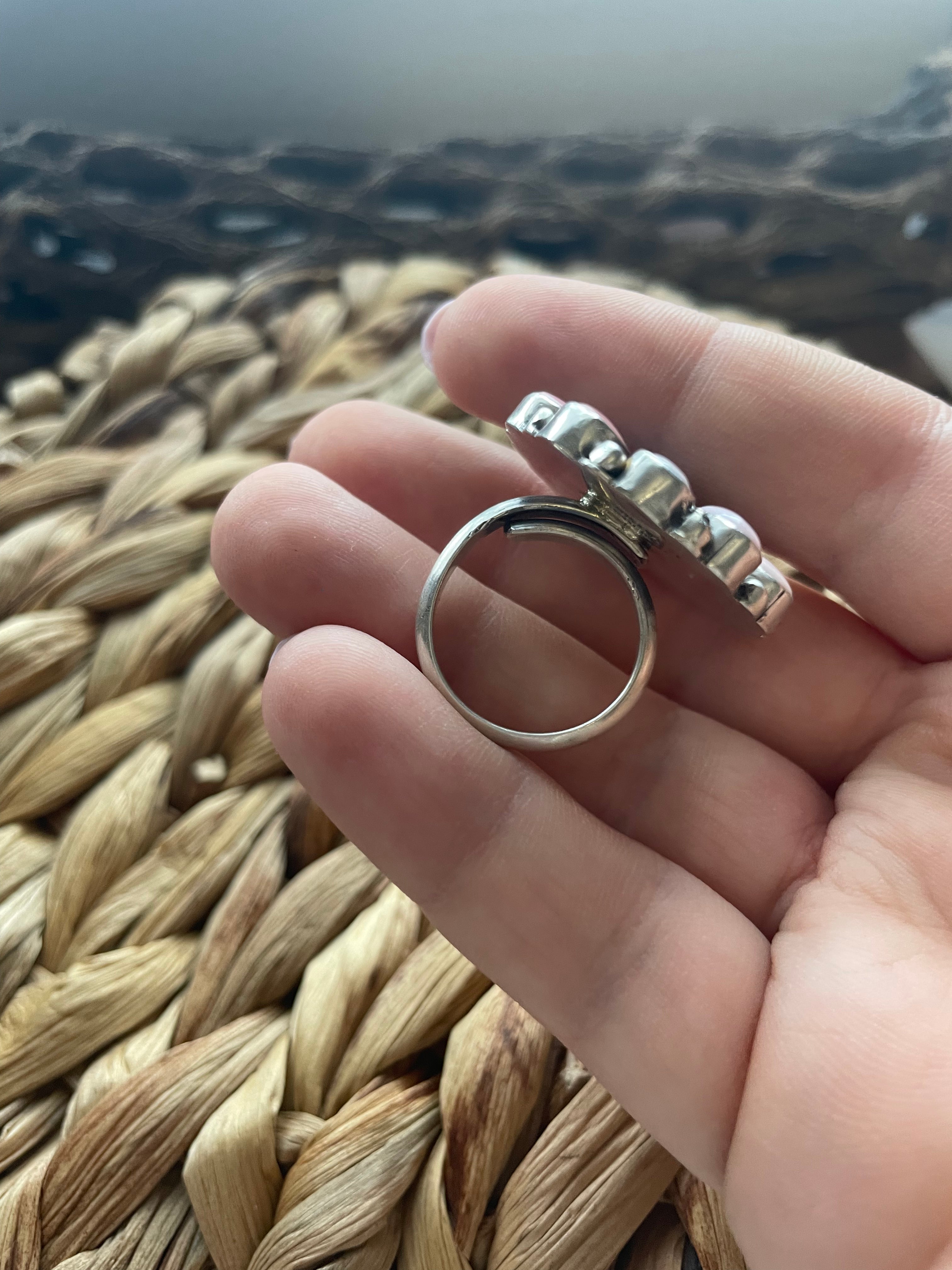 Navajo Golden Hills Turquoise, Pink Conch, and Sterling Silver Adjustable Ring Signed C. Yazzie