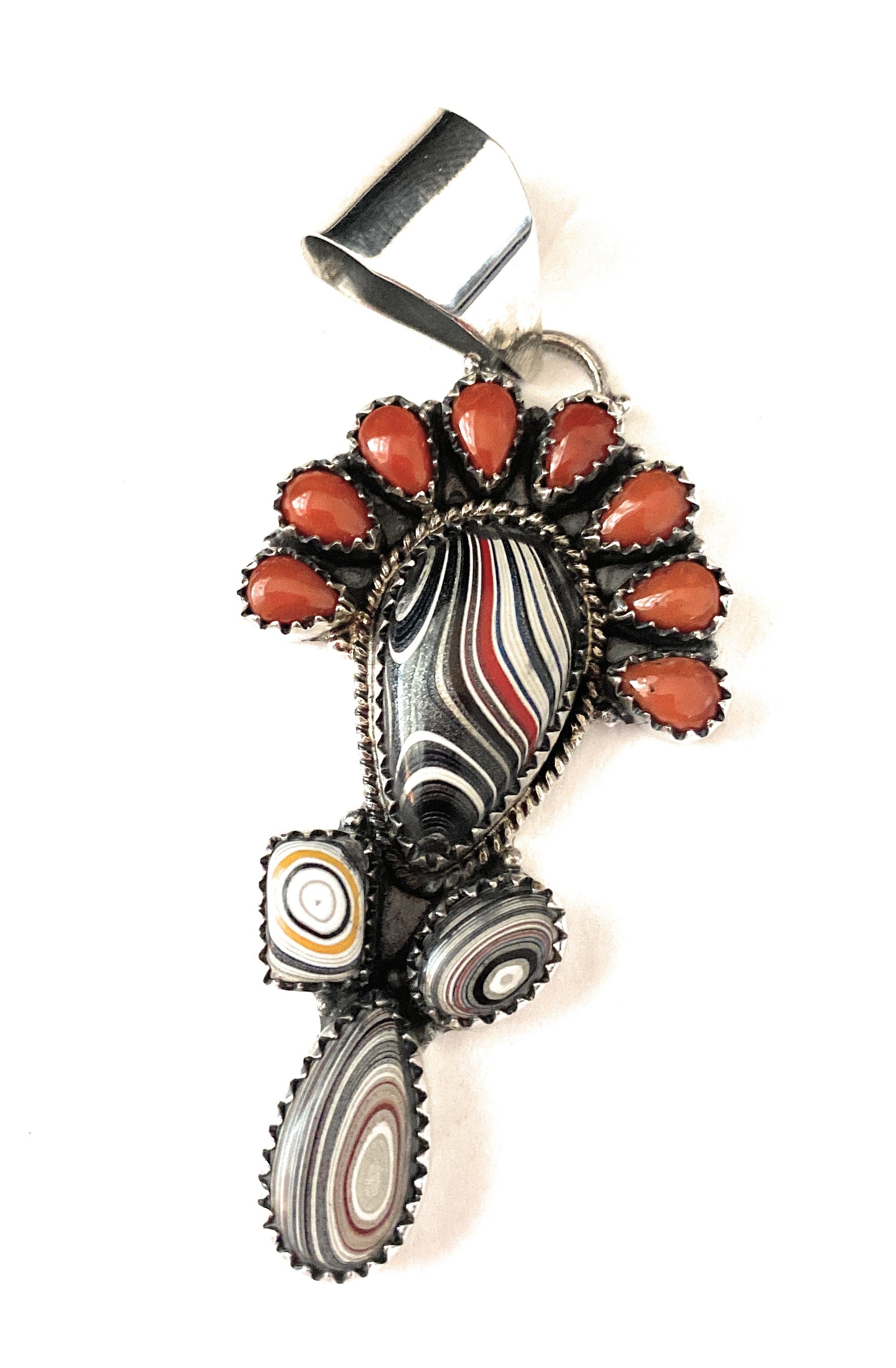 Handmade Sterling Silver, Fordite & Coral Cluster Pendant