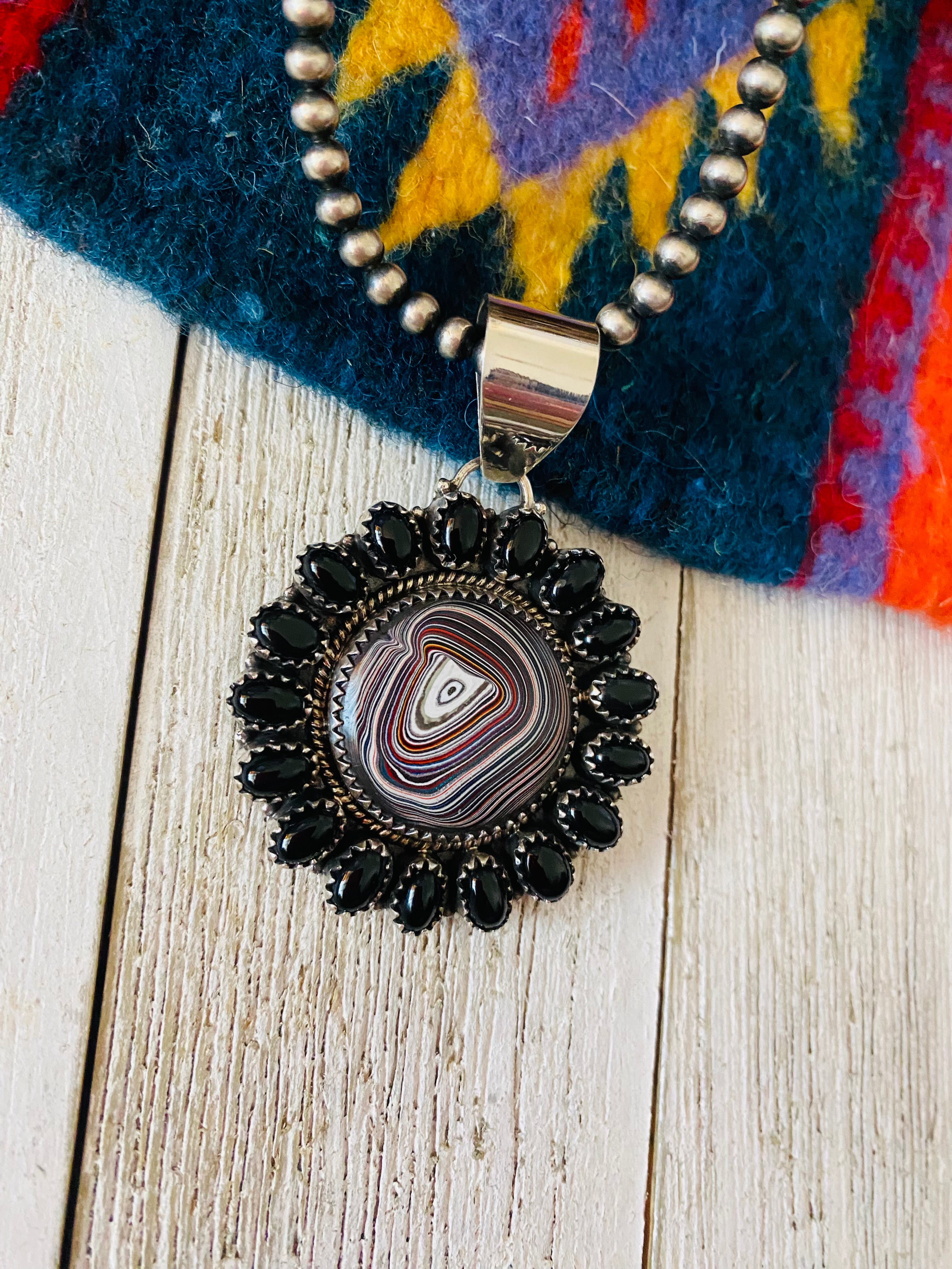 Handmade Sterling Silver, Fordite & Onyx Cluster Pendant