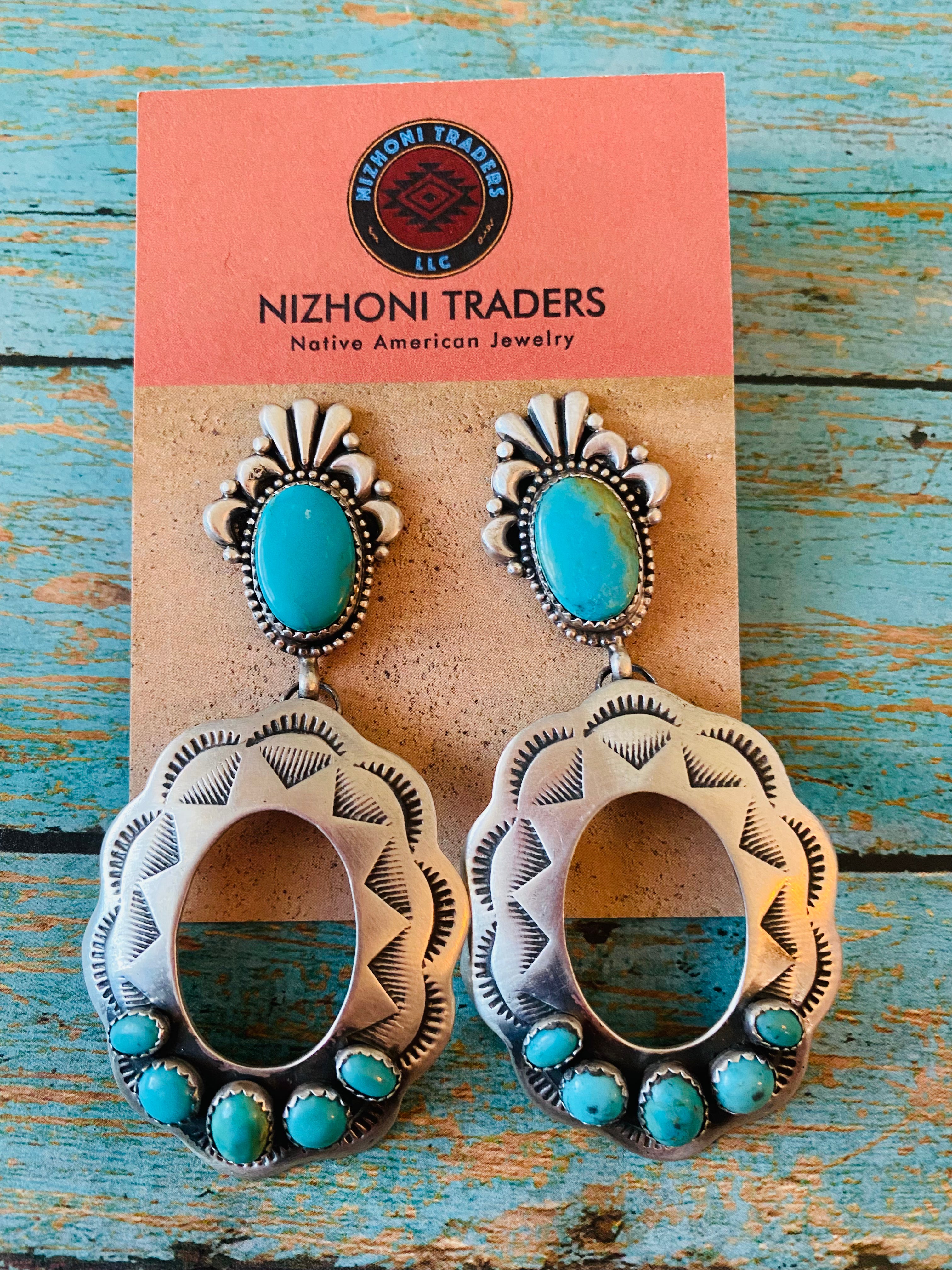 Navajo Sterling Silver & Turquoise Concho Dangle Earrings