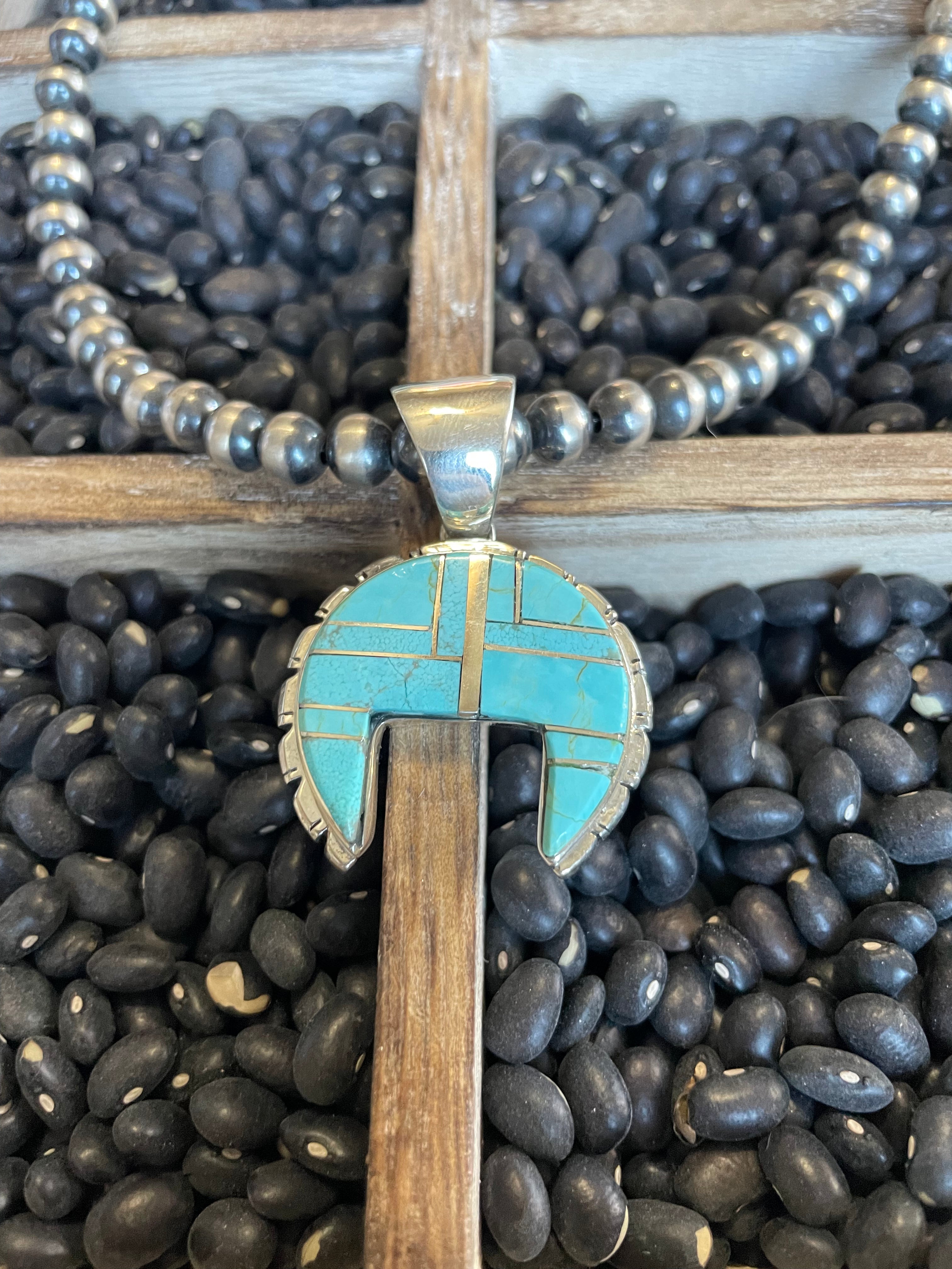 Navajo Number 8 Turquoise Inlay & Sterling Silver Pendant Signed