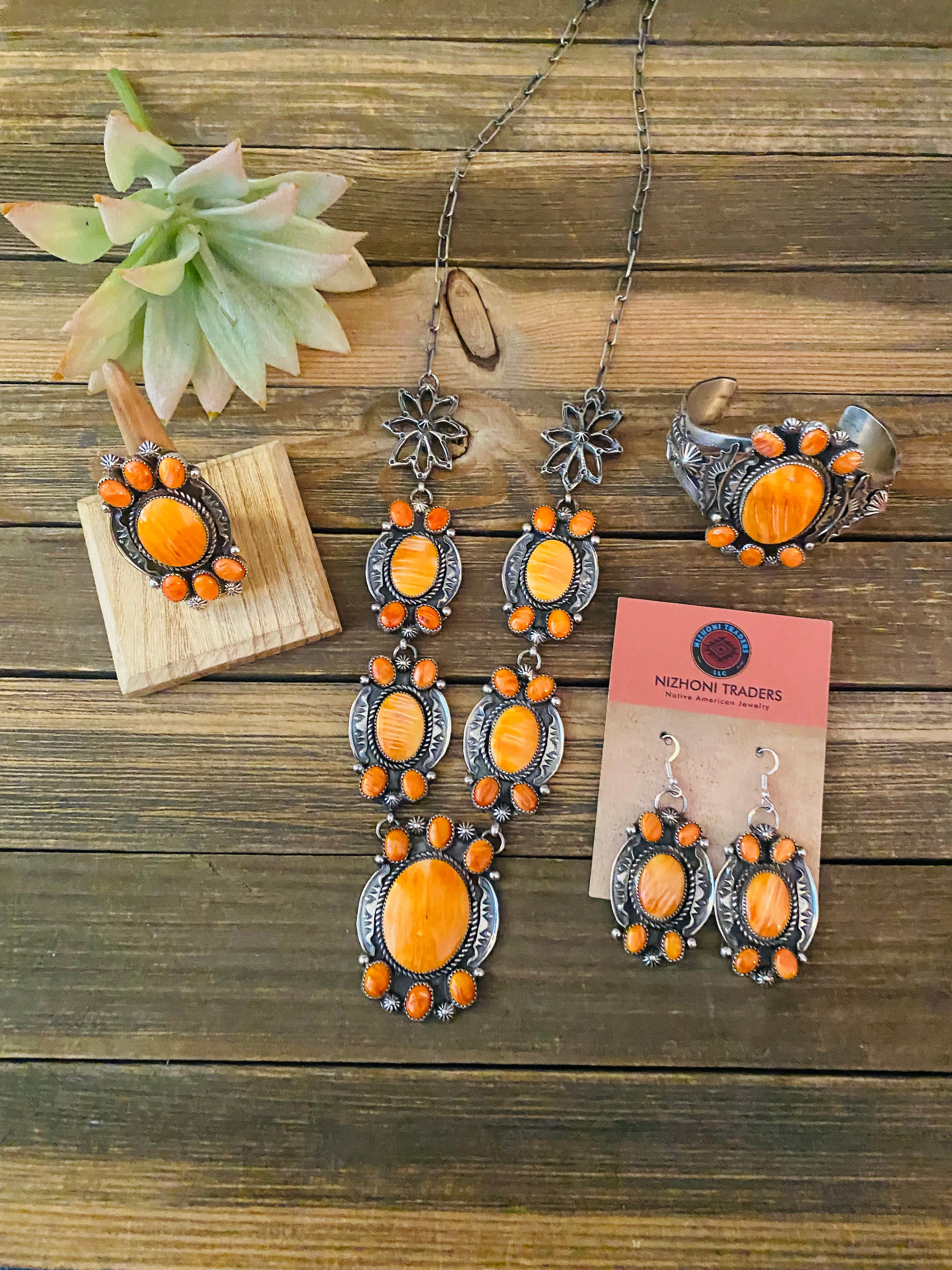 Navajo Orange Spiny And Sterling Silver 4 Piece Set by Kevin Billah