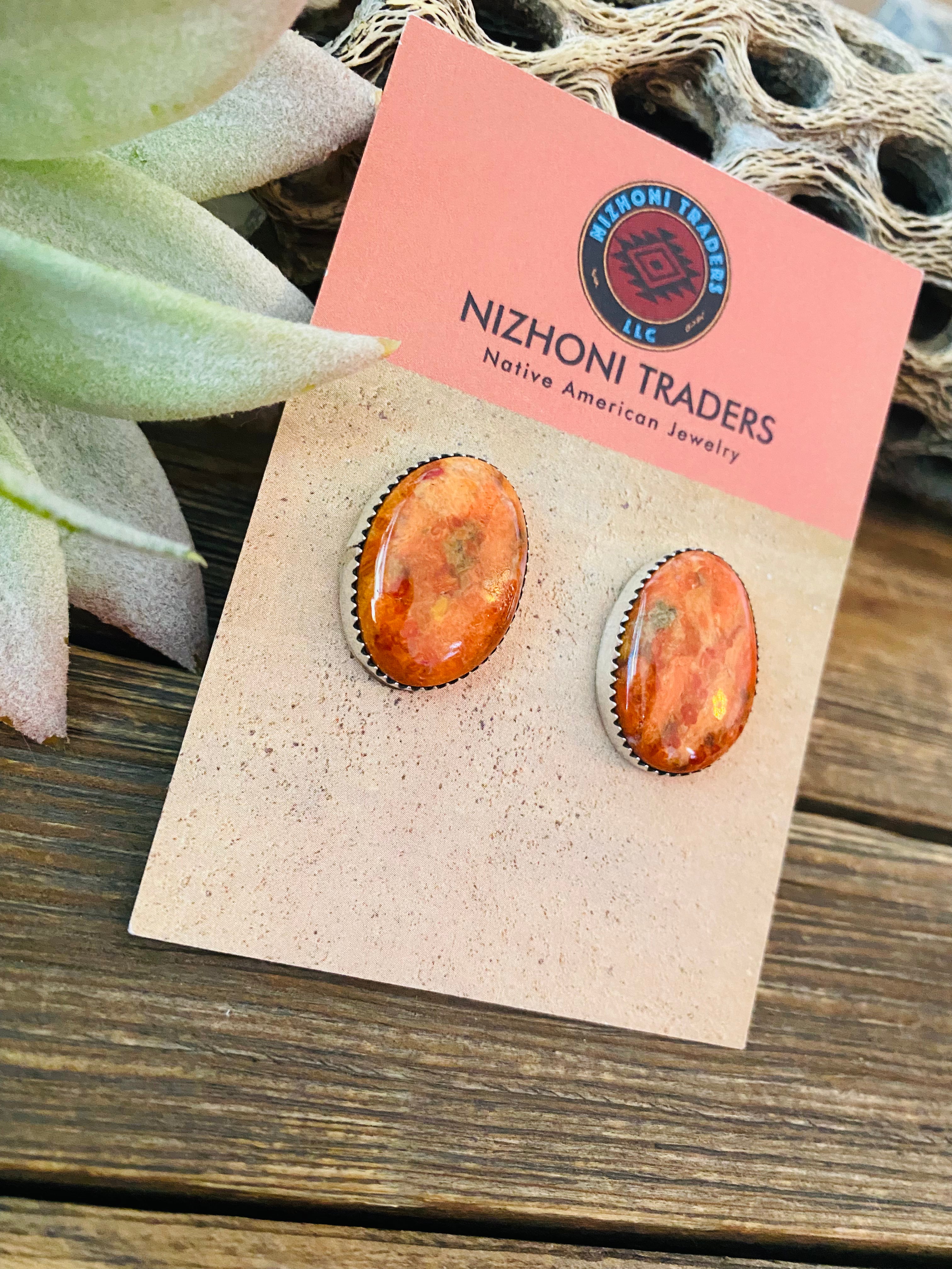 Navajo Sterling Silver & Orange Spiny Post Earrings 7/8”