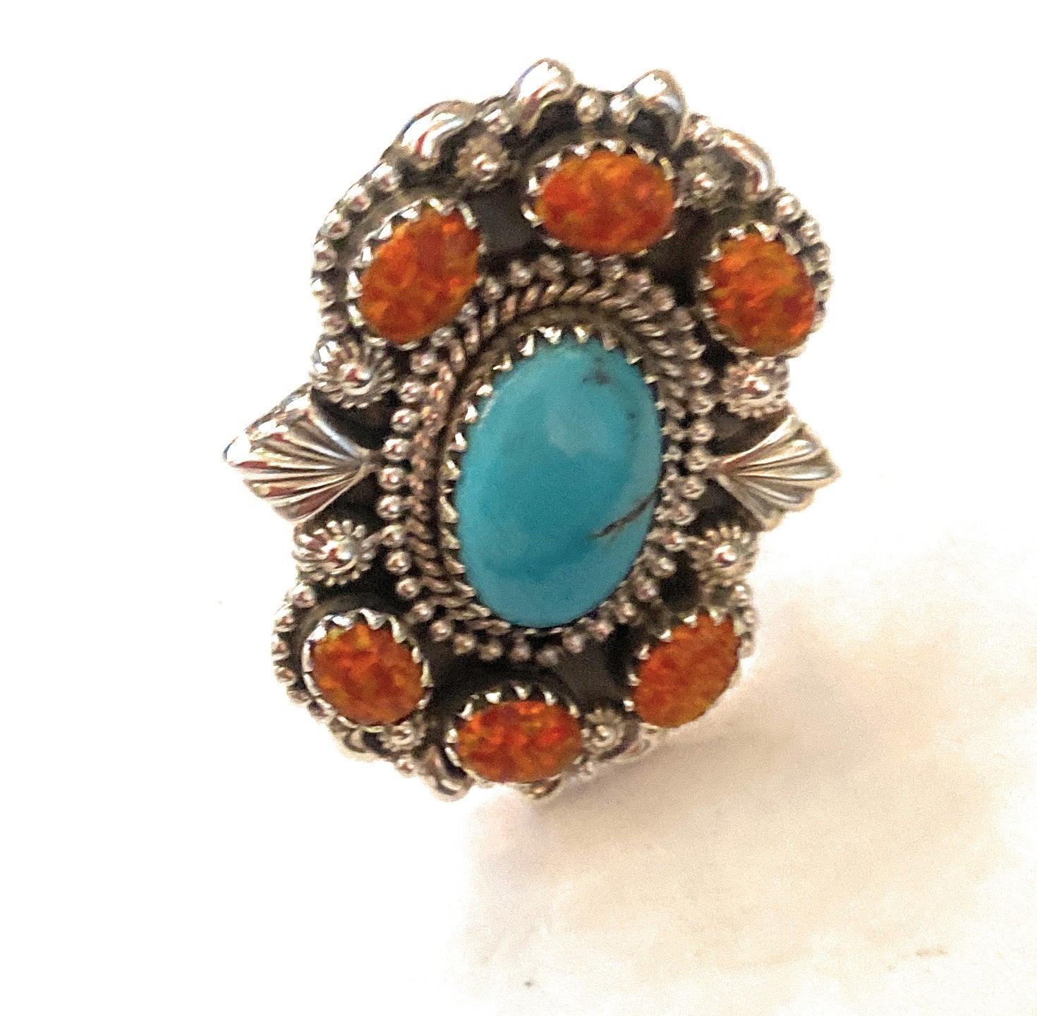 Handmade Sterling Silver, Turquoise & Opal Cluster Adjustable Ring