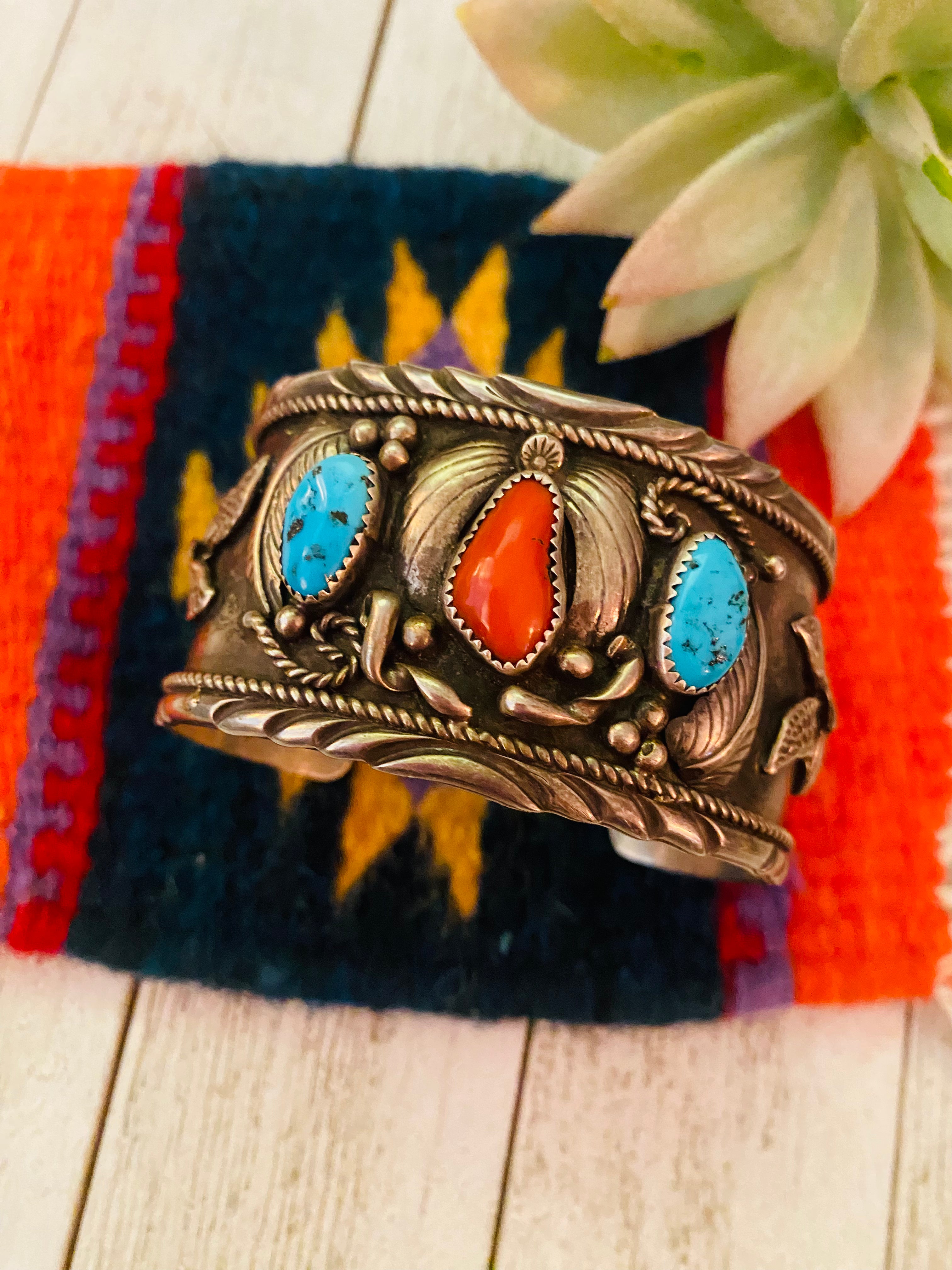 Navajo Old Pawn Vintage Turquoise, Coral & Sterling Silver Cuff Bracelet