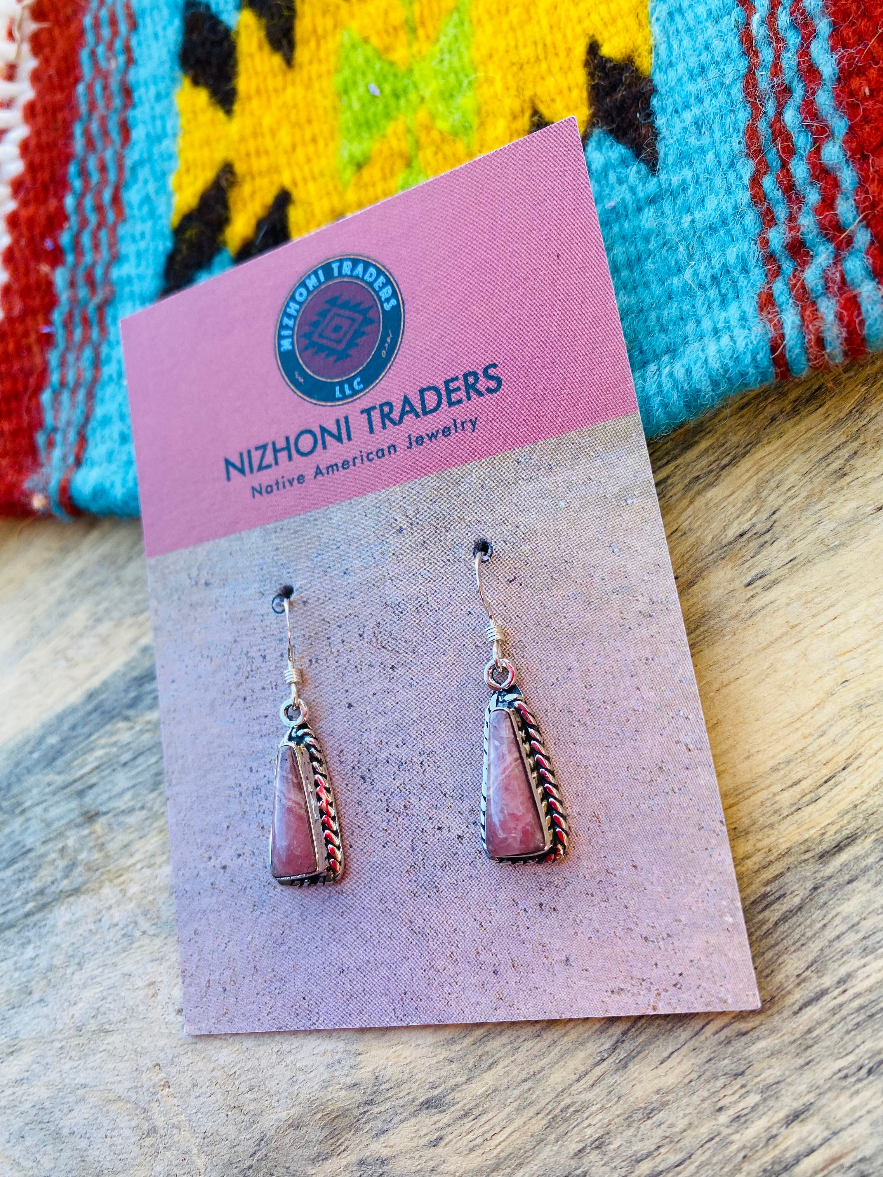 Navajo Sterling Silver & Rhodochrosite Dangle Earrings