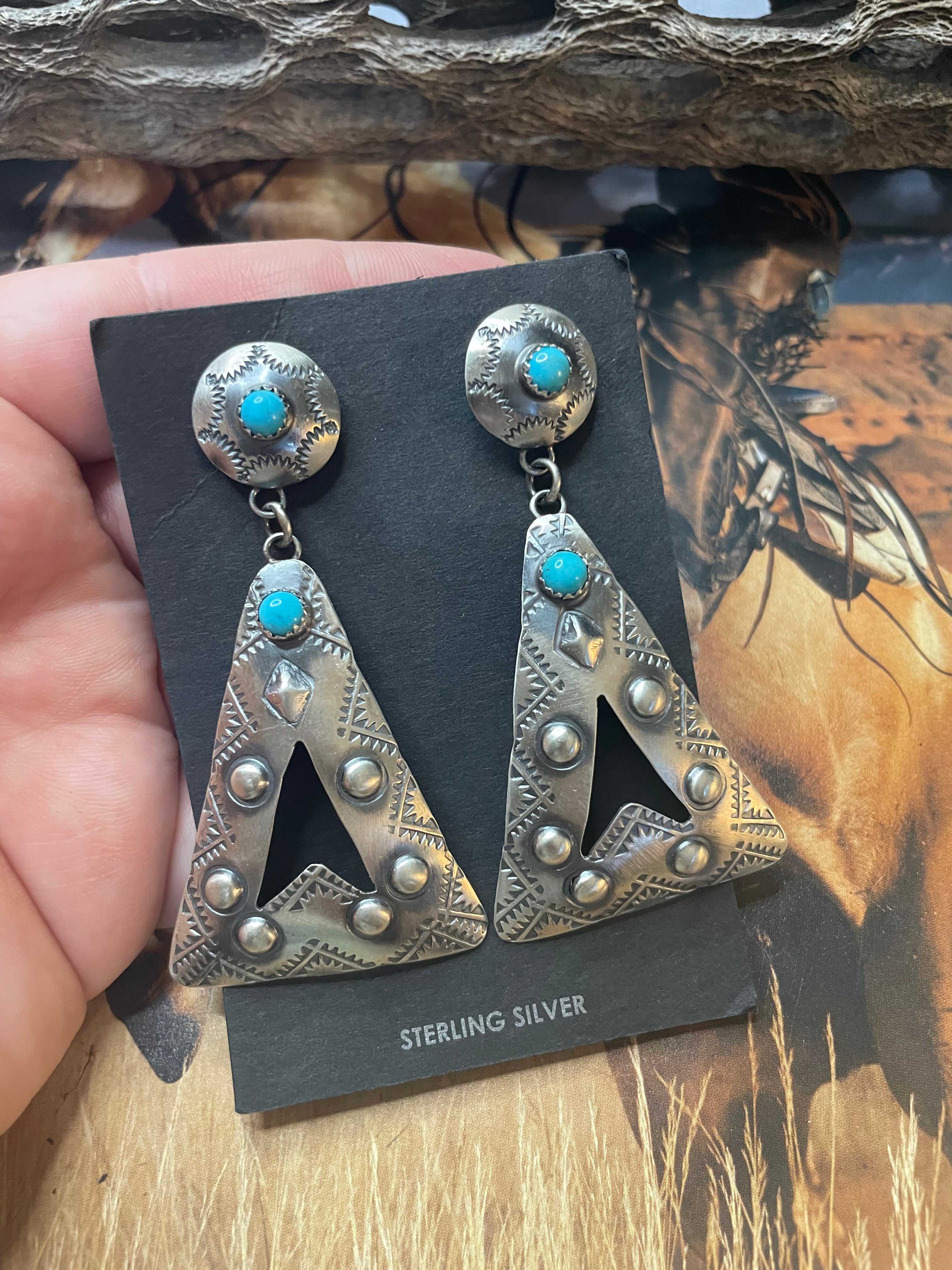 Navajo Sterling Silver & Turquoise Concho Dangle Earrings