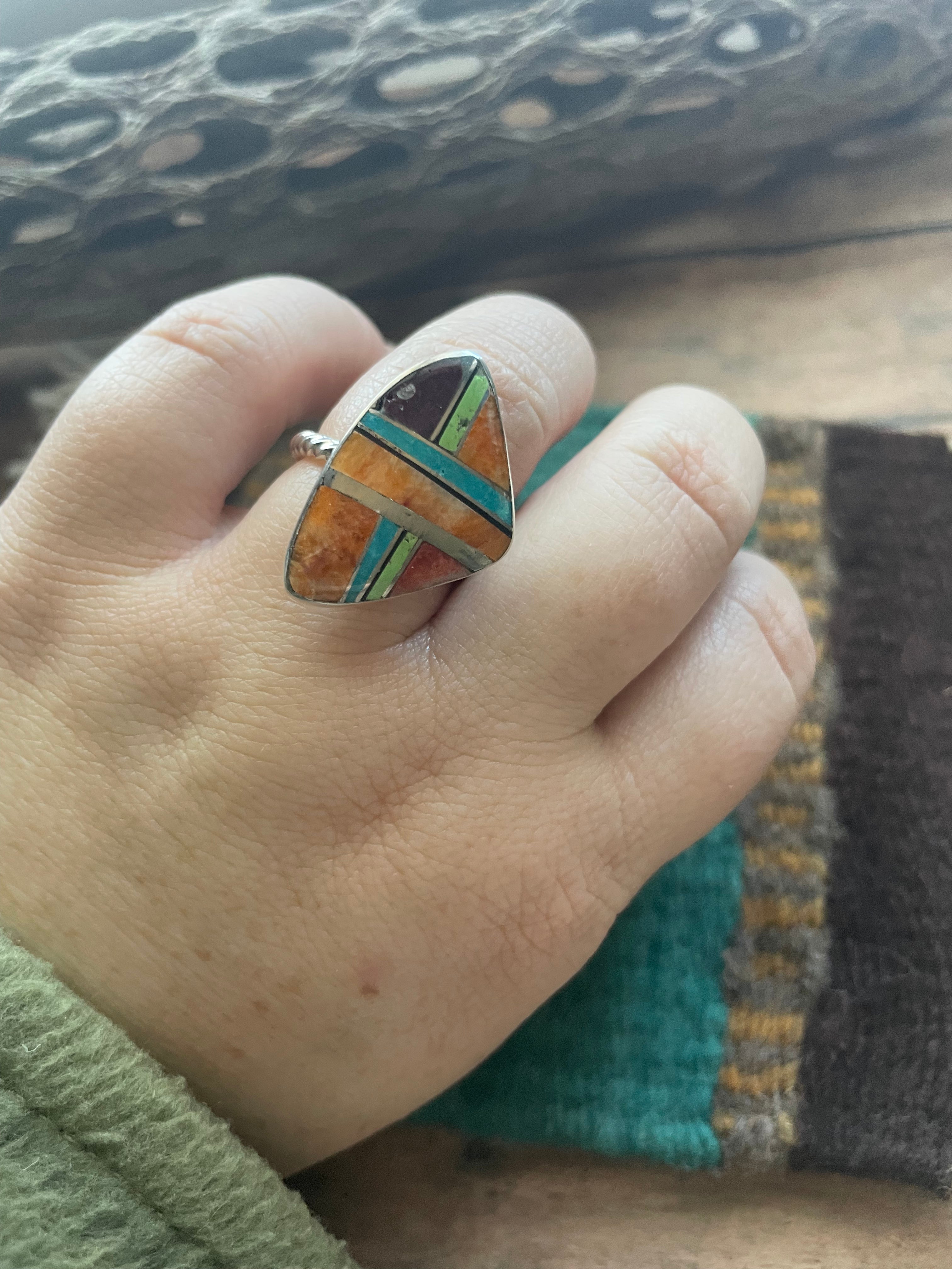 Navajo Sterling Silver & Multi Stone Inlay Ring Size 7.5