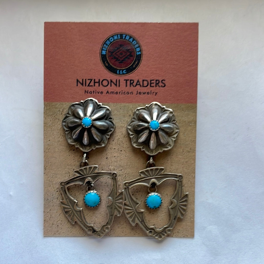 Navajo Sterling Silver & Turquoise Concho Dangle Earrings