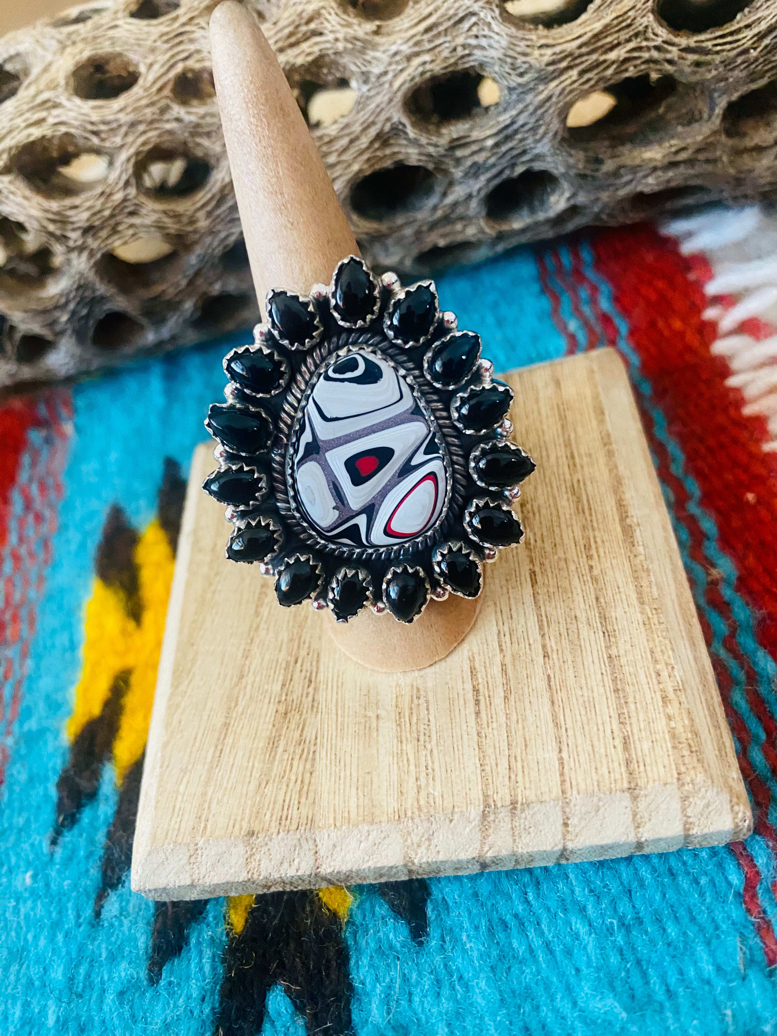 Handmade Sterling Silver, Fordite & Onyx Cluster Adjustable Ring