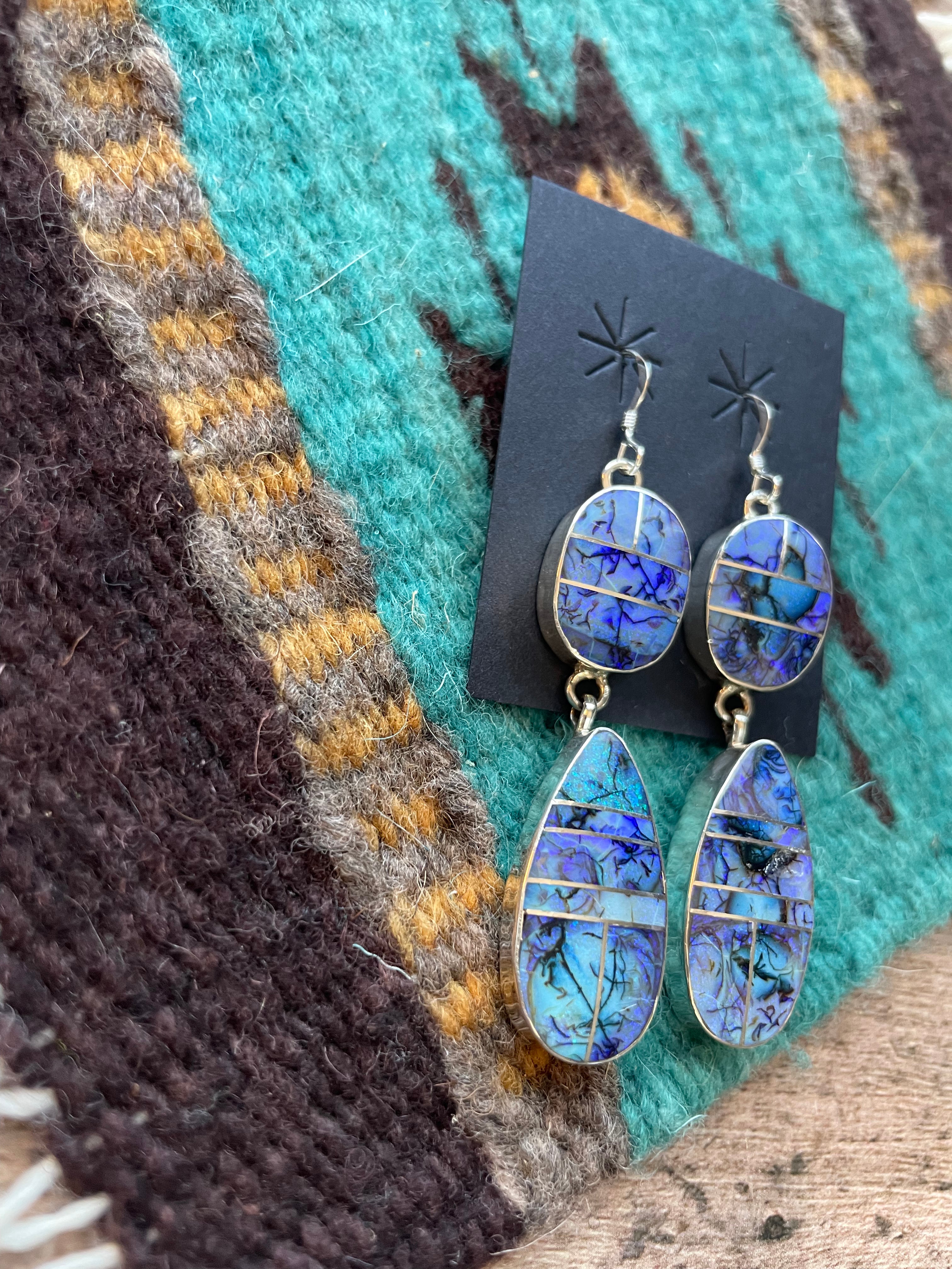 Navajo Blue Opal Web & Sterling Silver Dangle Earrings Signed