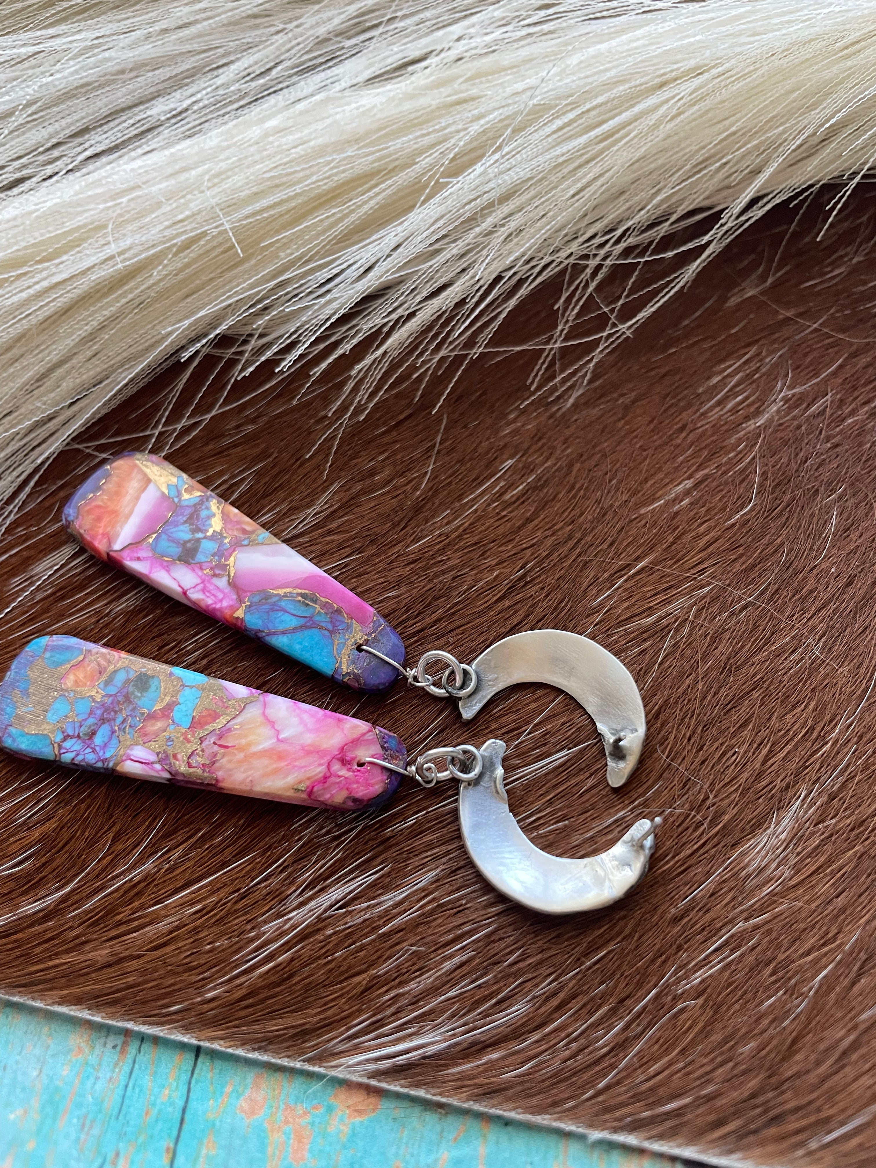 Navajo Pink Dream Mohave & Sterling Silver Moon Slab Dangles