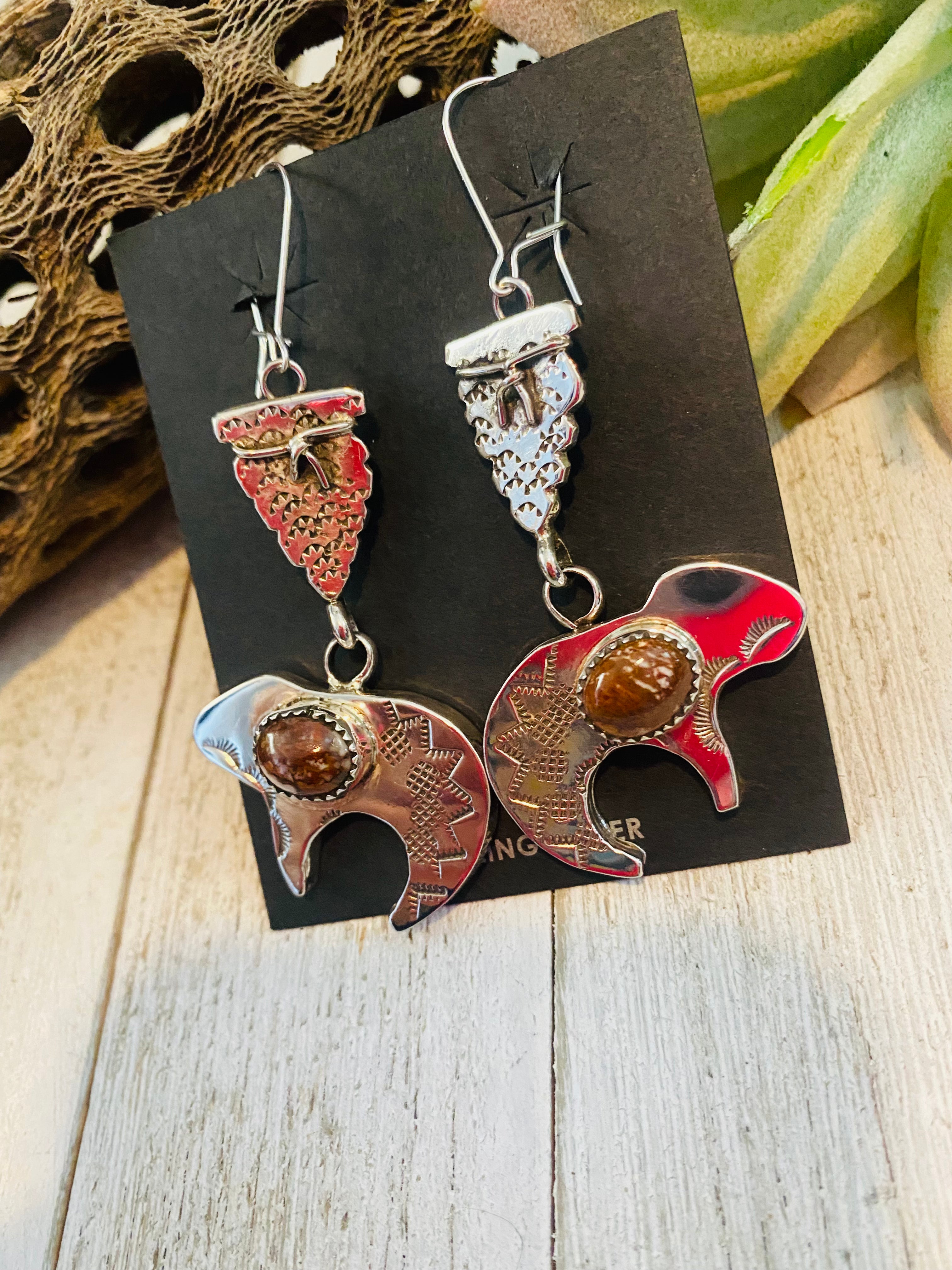 Navajo Wild Horse & Sterling Silver Fetish Bear Dangle Earrings