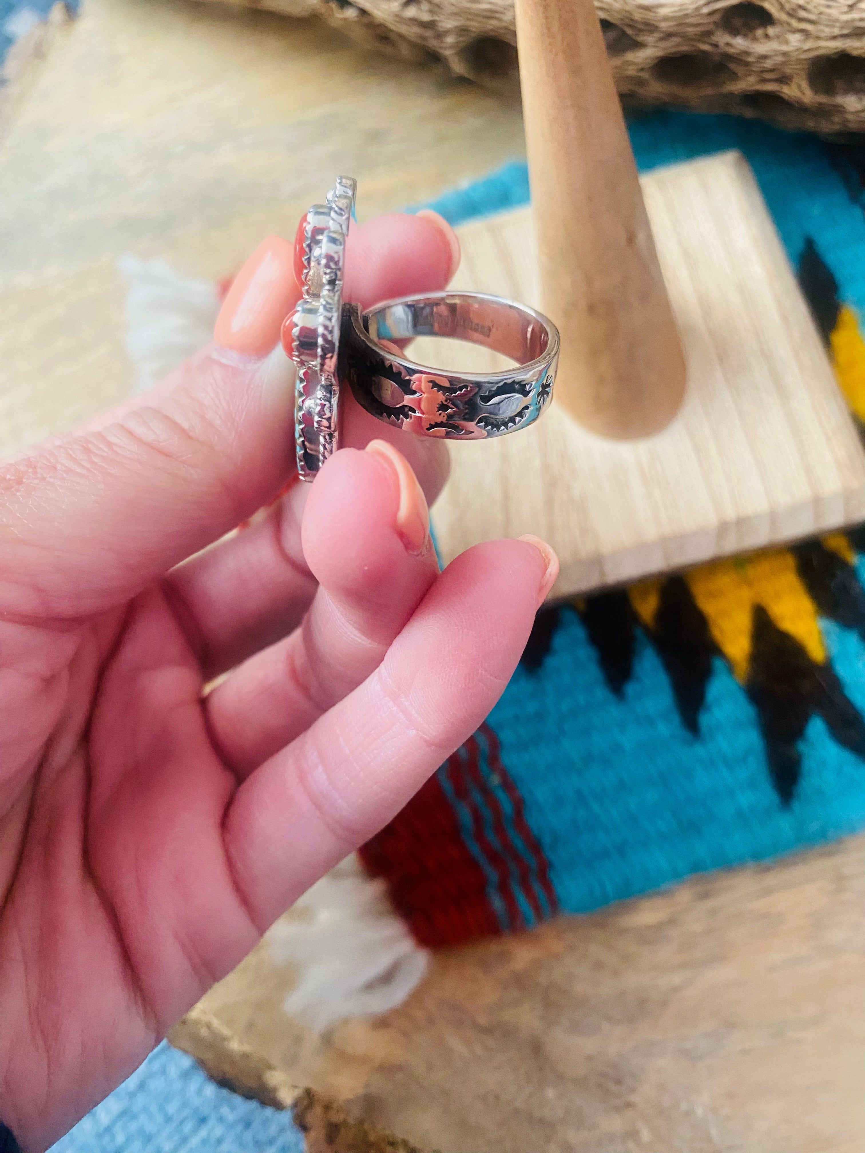 Handmade Sterling Silver, Coral & Number 8 Turquoise Adjustable Ring