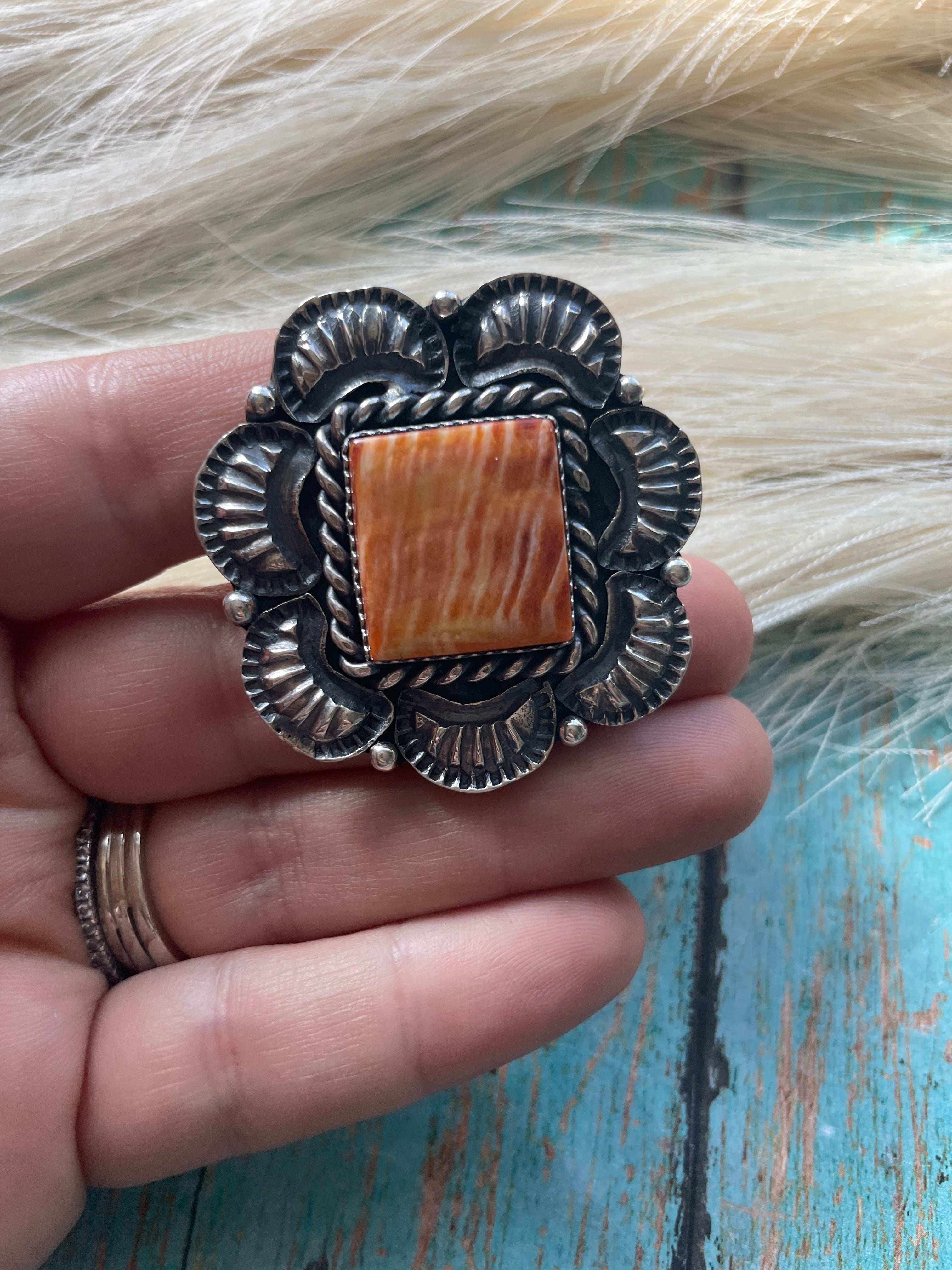 Kevin Billah Navajo Sterling & Orange Spiny Flower Ring Adjustable