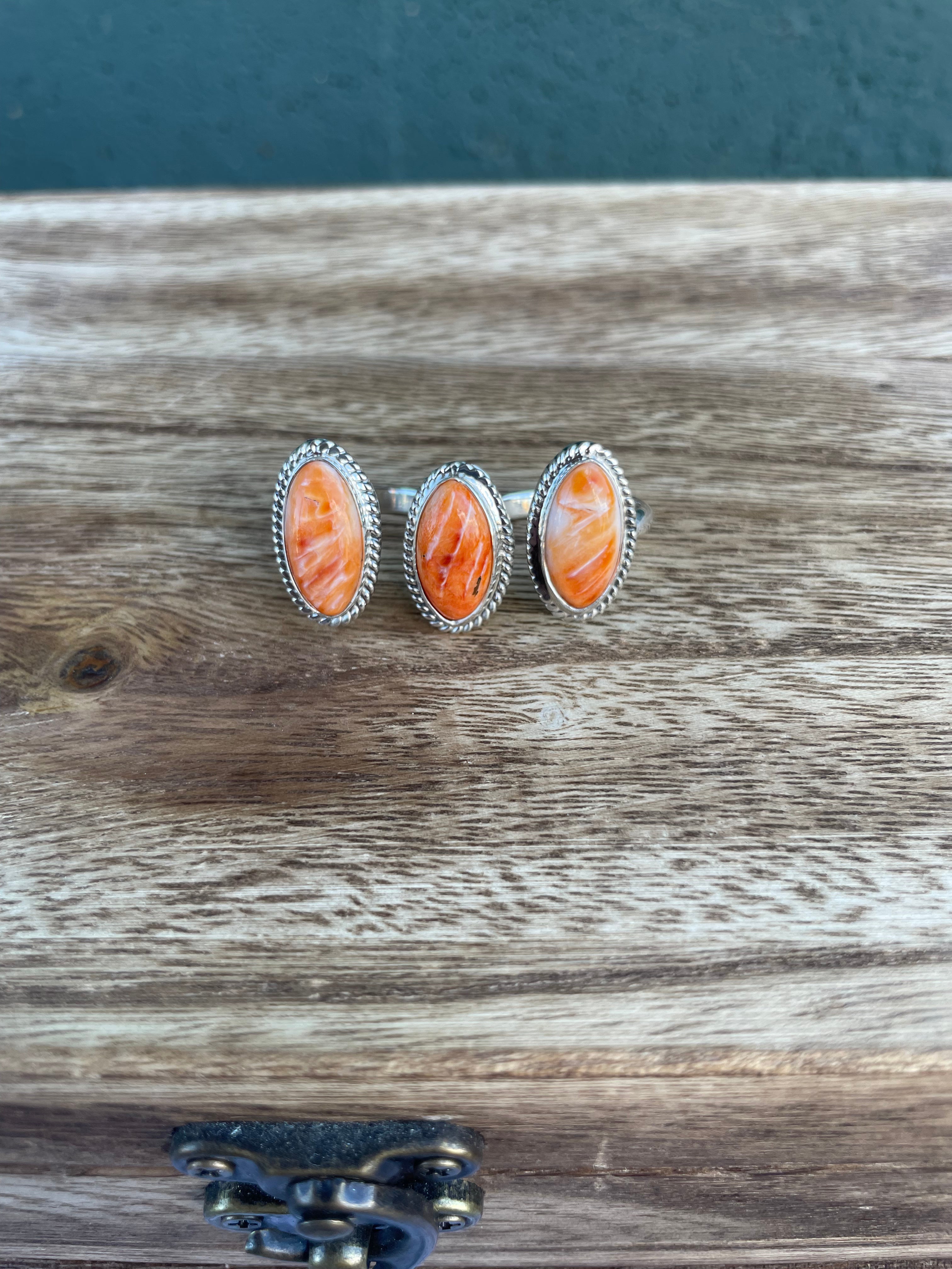 Navajo Sterling Silver And Light Orange Spiny Adjustable Triple Threat Knuckler Ring