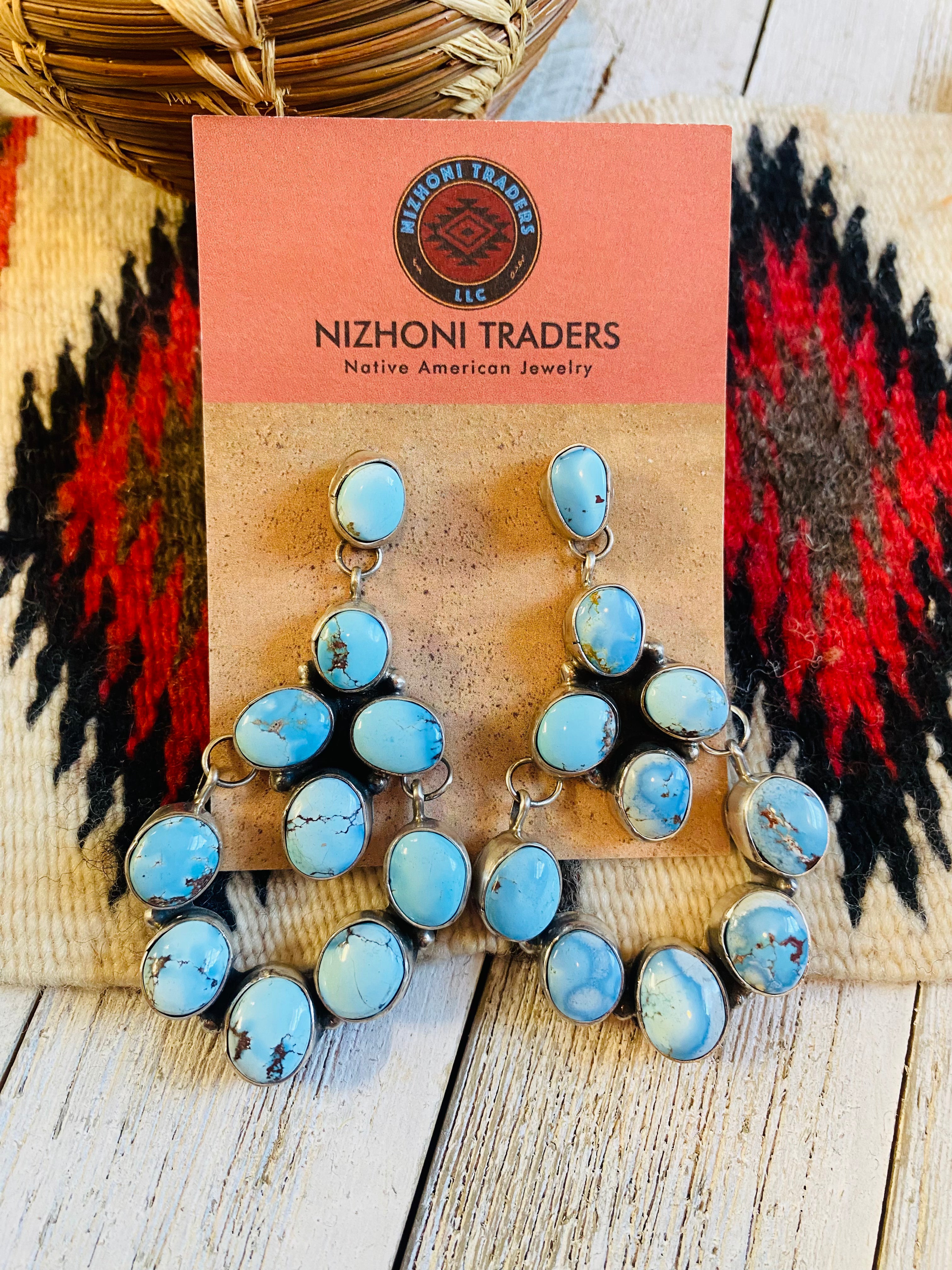 Navajo Golden Hills Turquoise & Sterling Silver Cluster Dangle Earrings