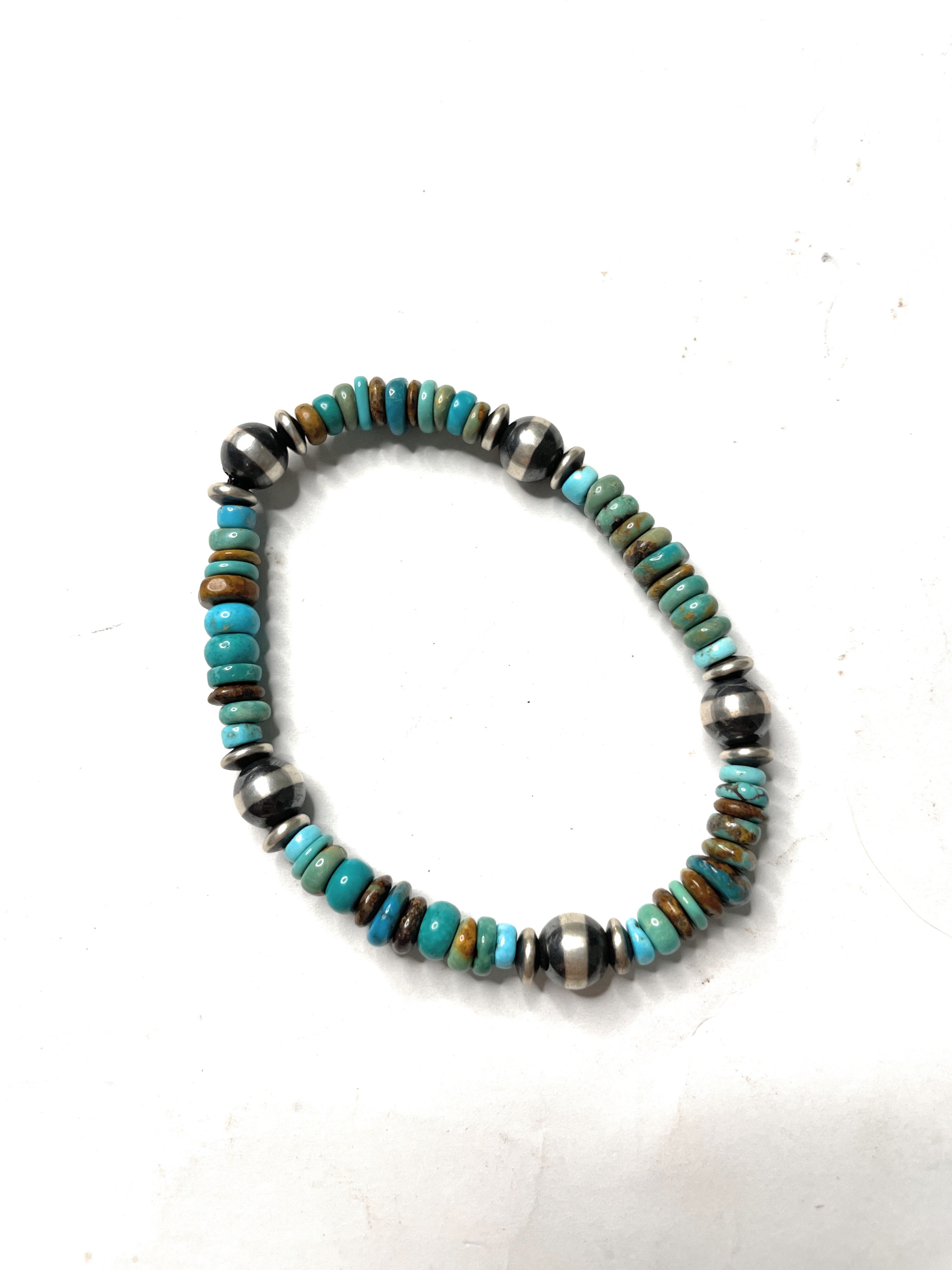 Navajo Sterling Silver Stretchy Natural #8 Turquoise Beaded Bracelet