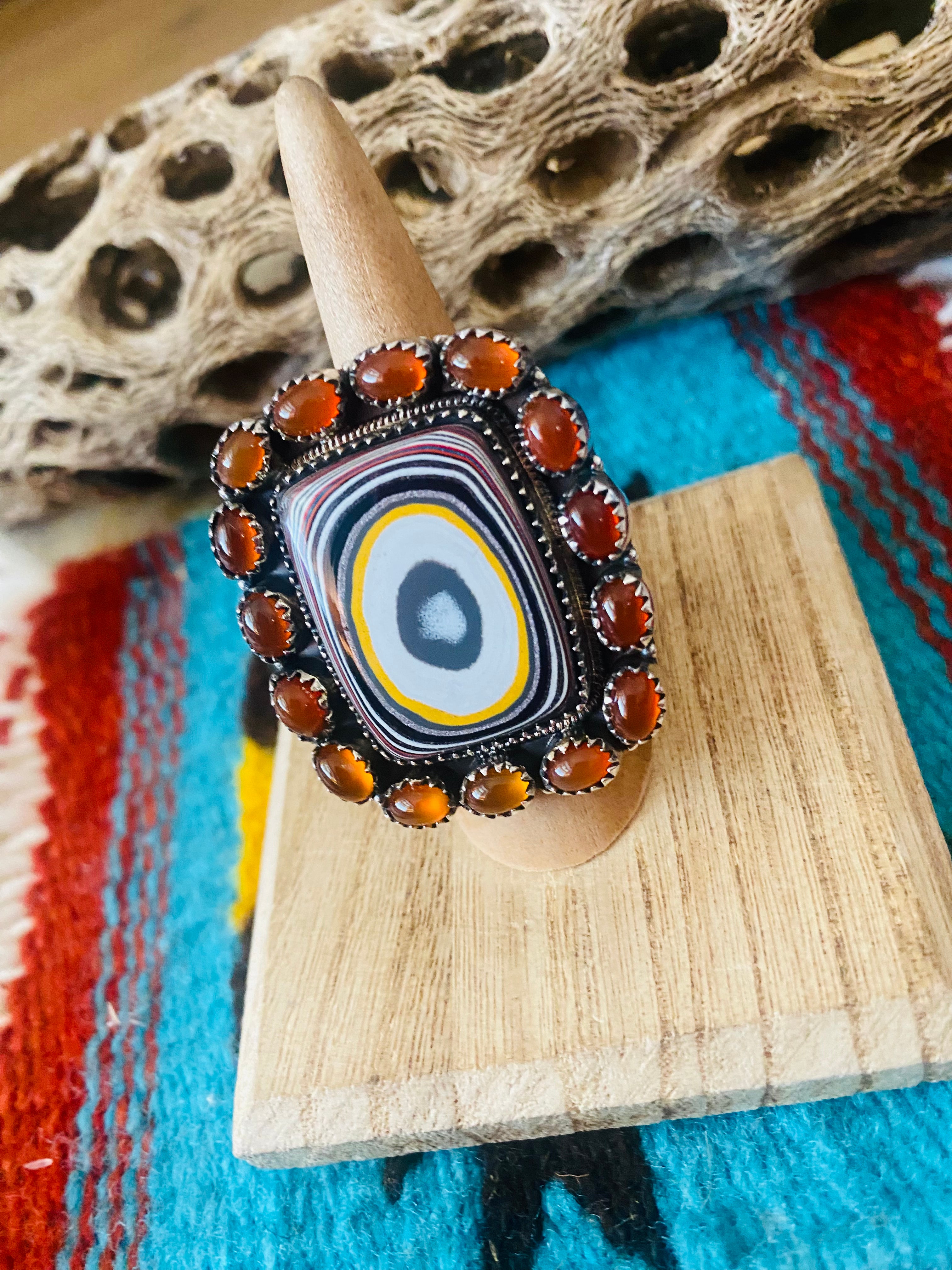 Handmade Sterling Silver, Fordite & Garnet Cluster Adjustable Ring