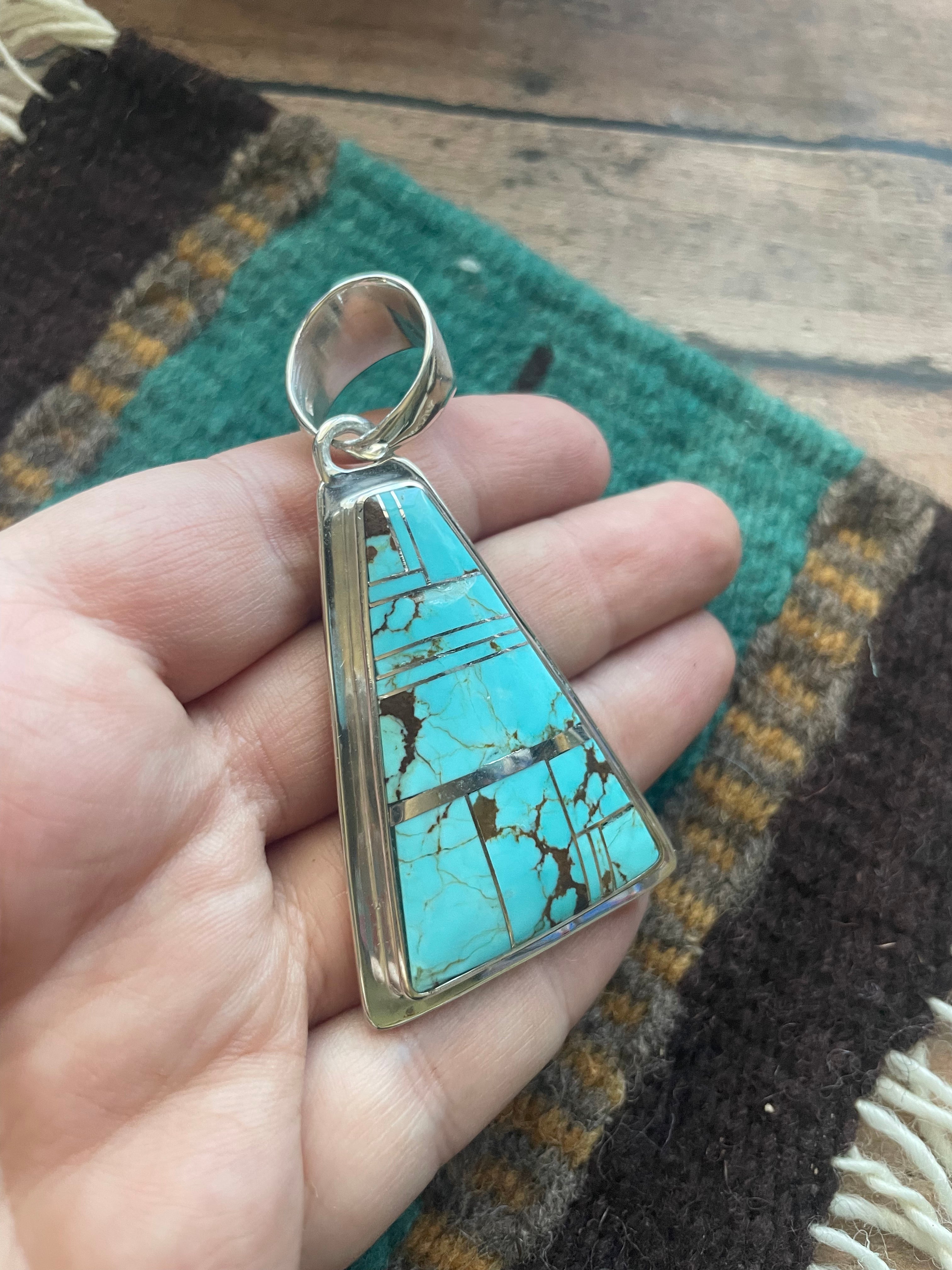 Navajo Number 8 Turquoise Inlay & Sterling Silver Triangle Pendant