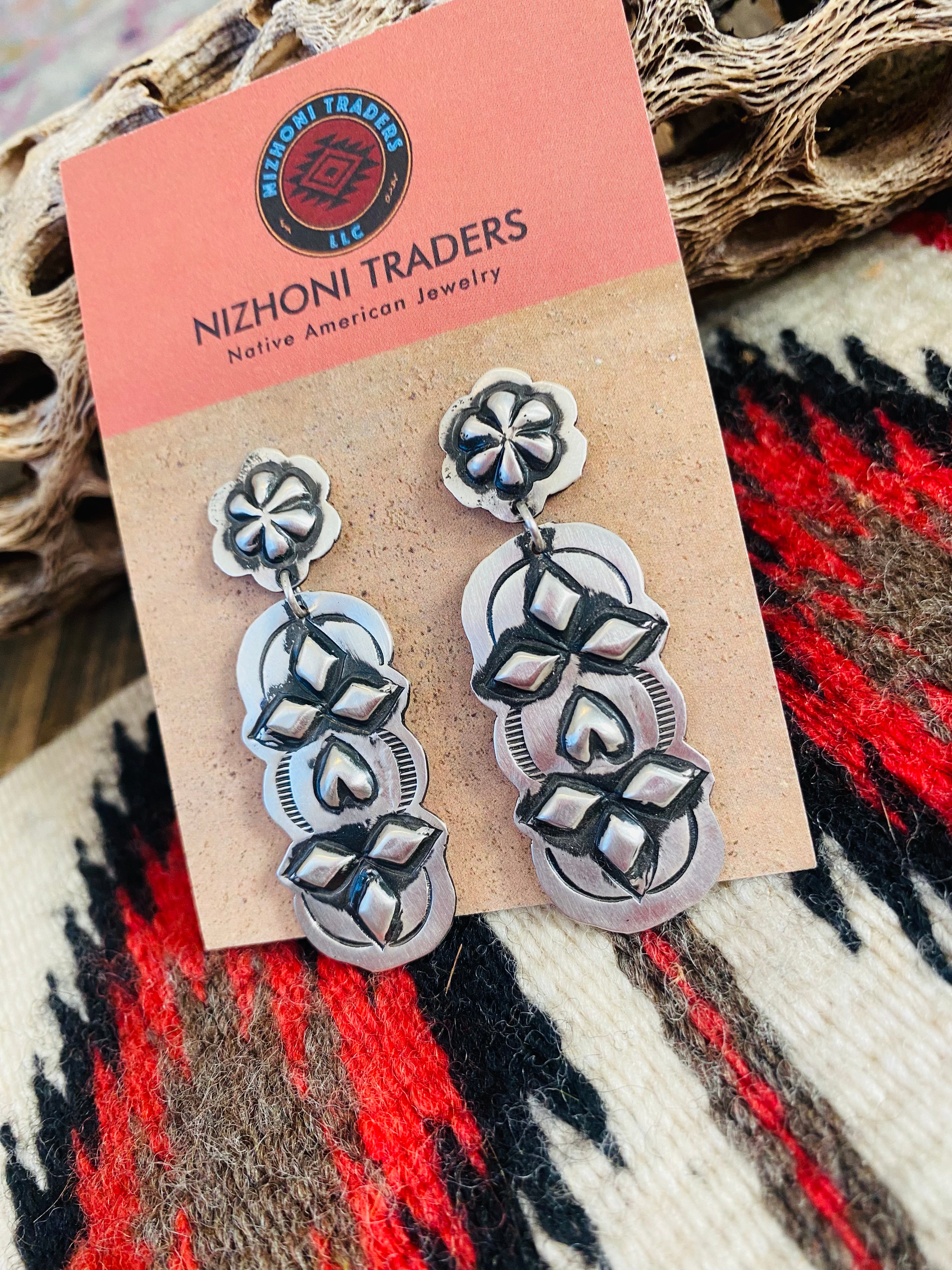 Navajo Sterling Silver Concho Dangle Earrings By Leander Tahe