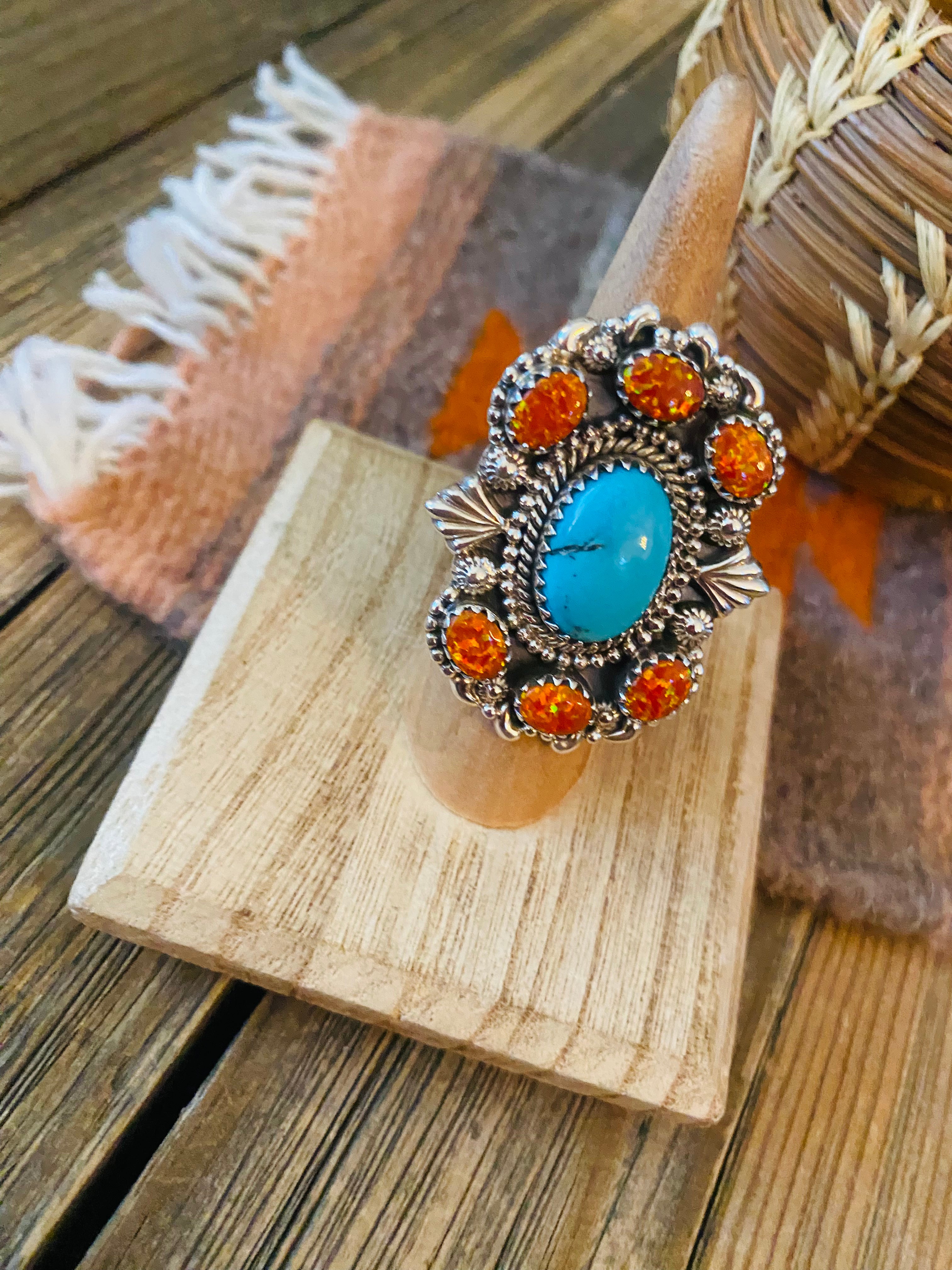 Handmade Sterling Silver, Turquoise & Opal Cluster Adjustable Ring