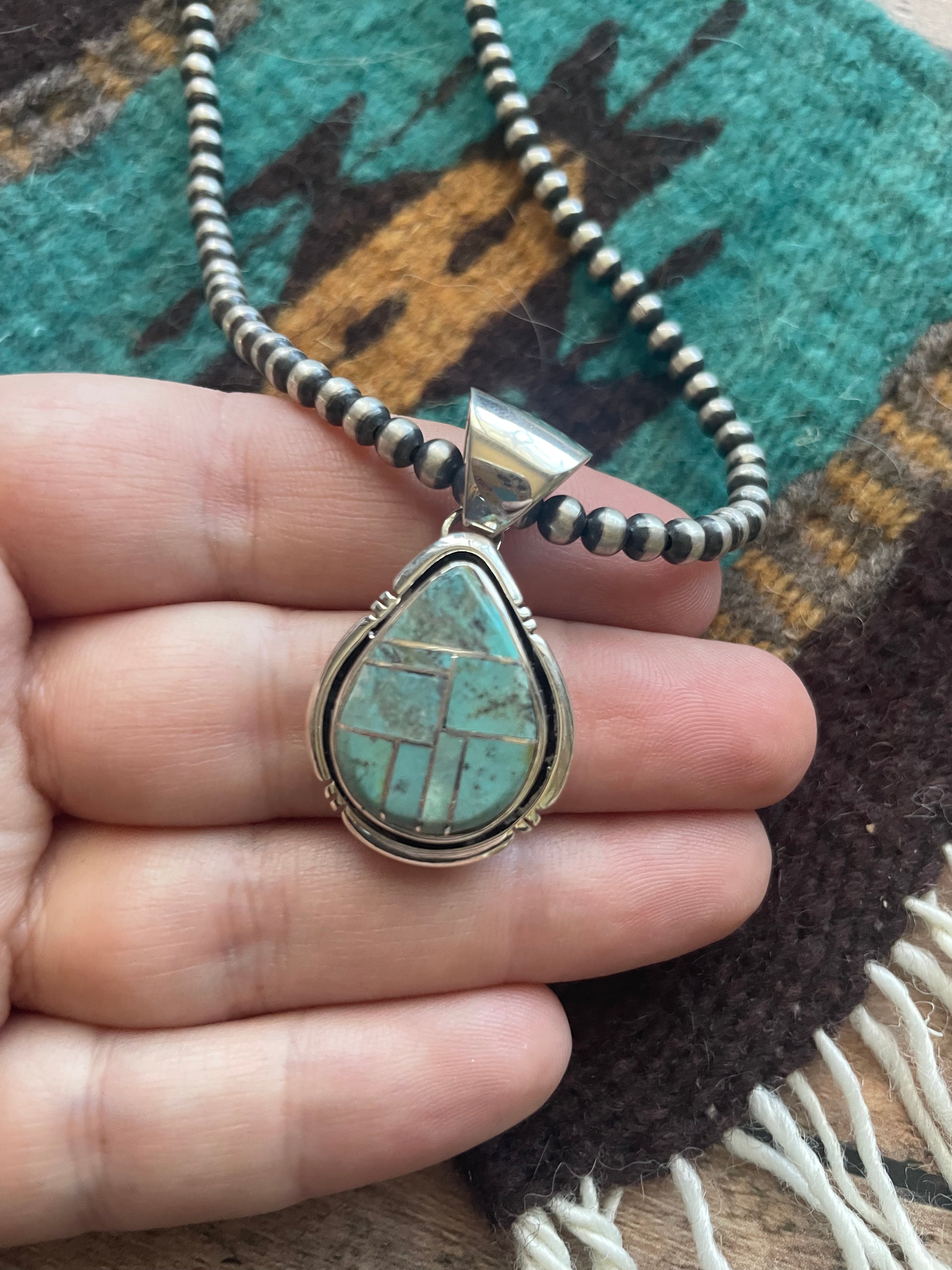 Number 8 Turquoise Inlay & Sterling Silver Pendant