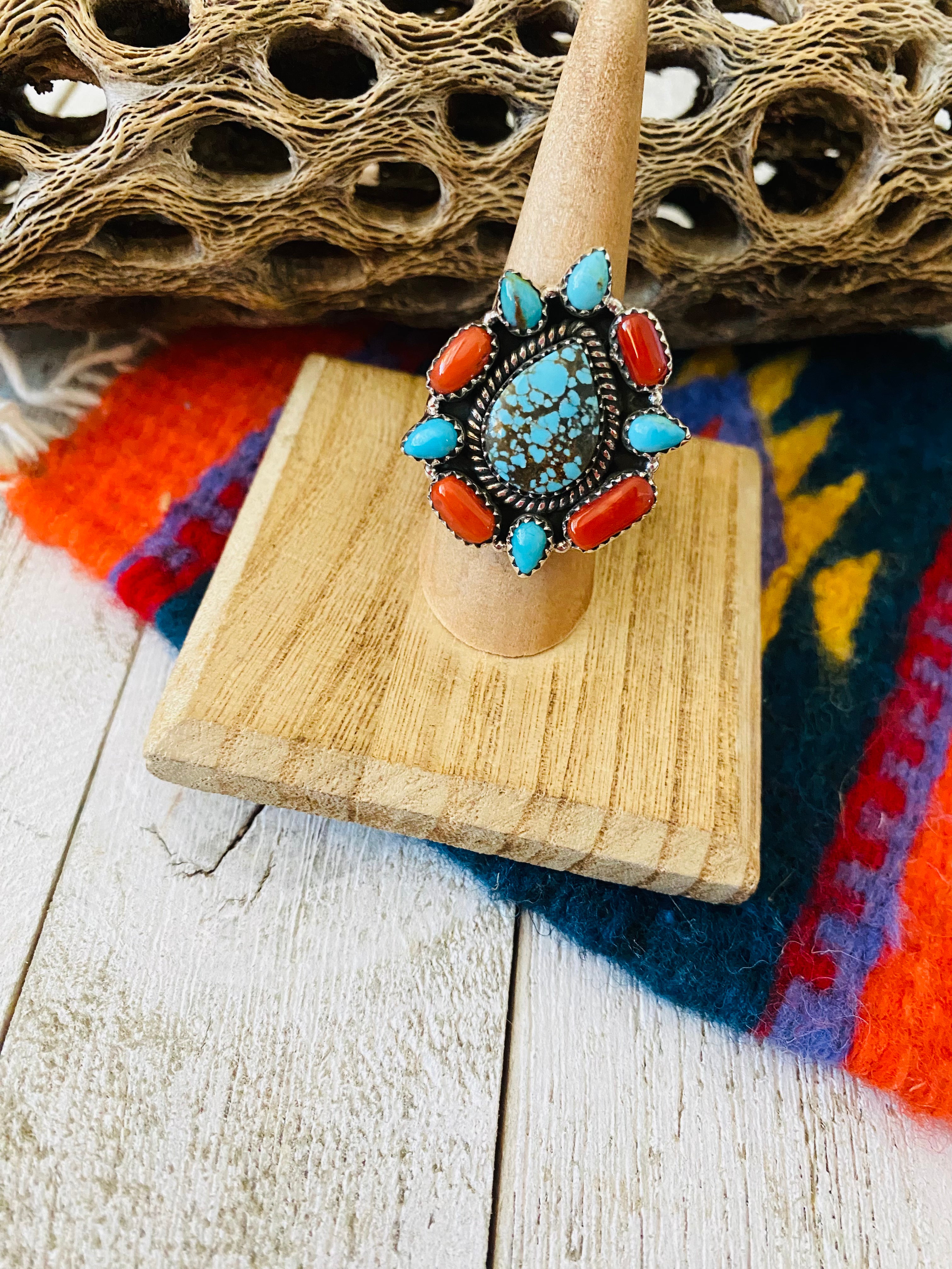 Handmade Sterling Silver, Coral & Number 8 Turquoise Cluster Adjustable Ring