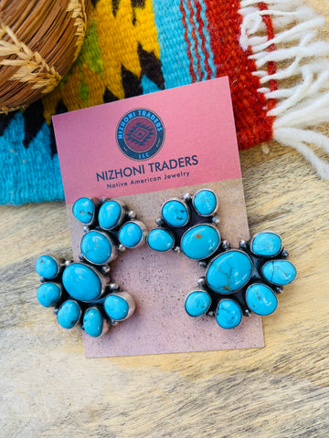 Navajo Sterling Silver & Kingman Turquoise Cluster Earrings
