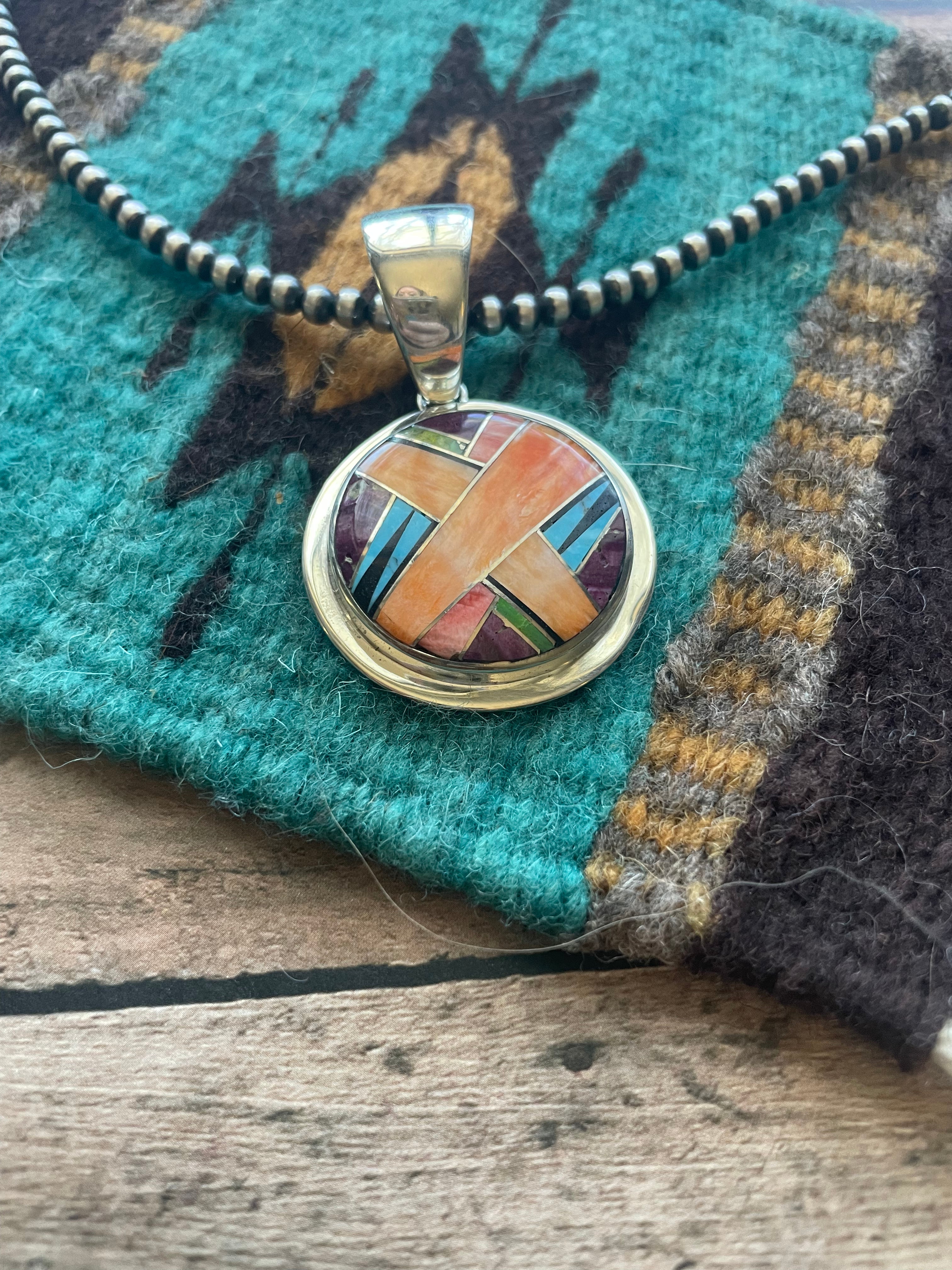 Navajo Multi Stone Inlay & Sterling Silver Circle Pendant