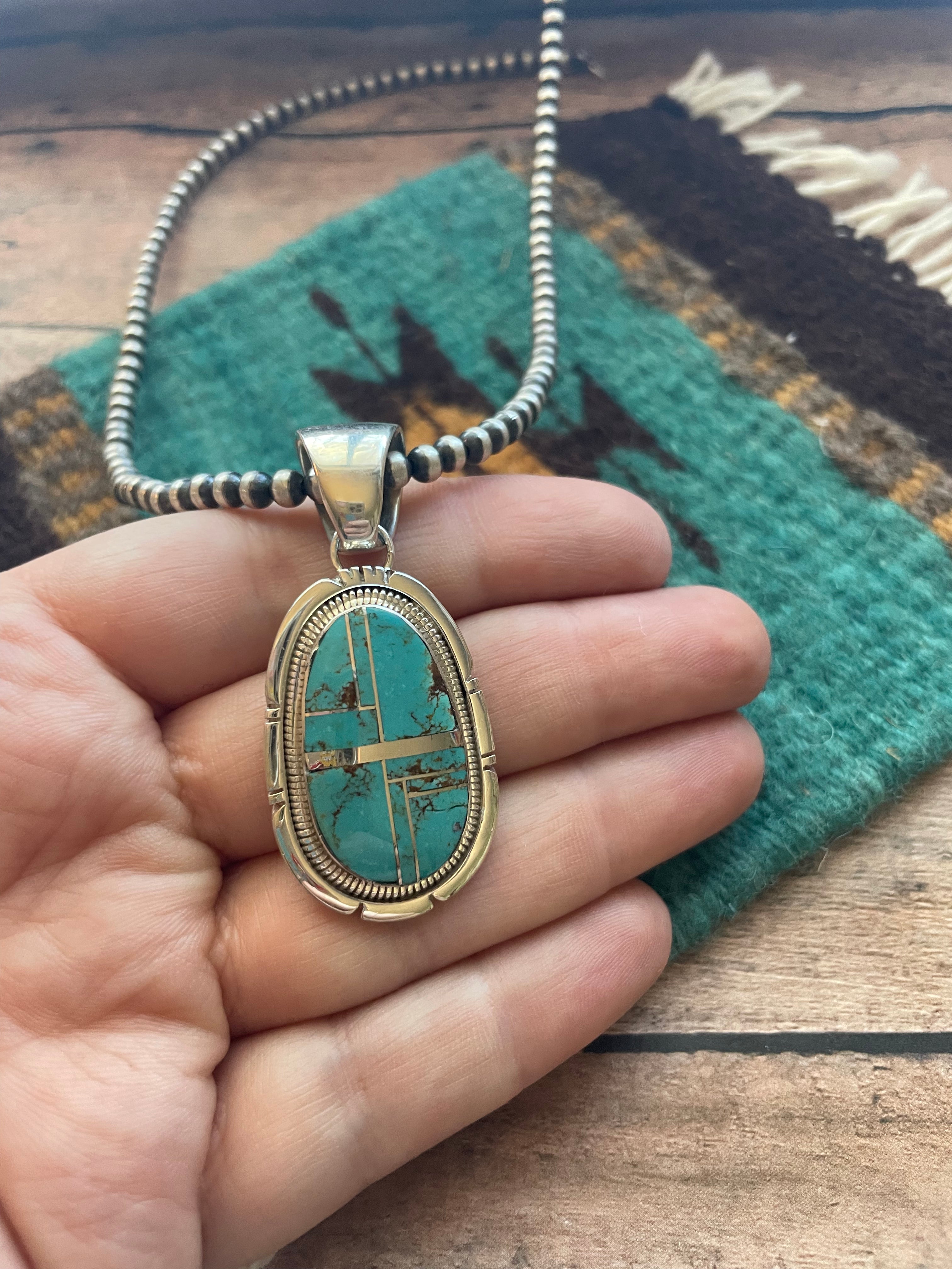 Navajo Number 8 Turquoise Inlay & Sterling Silver Pendant Signed