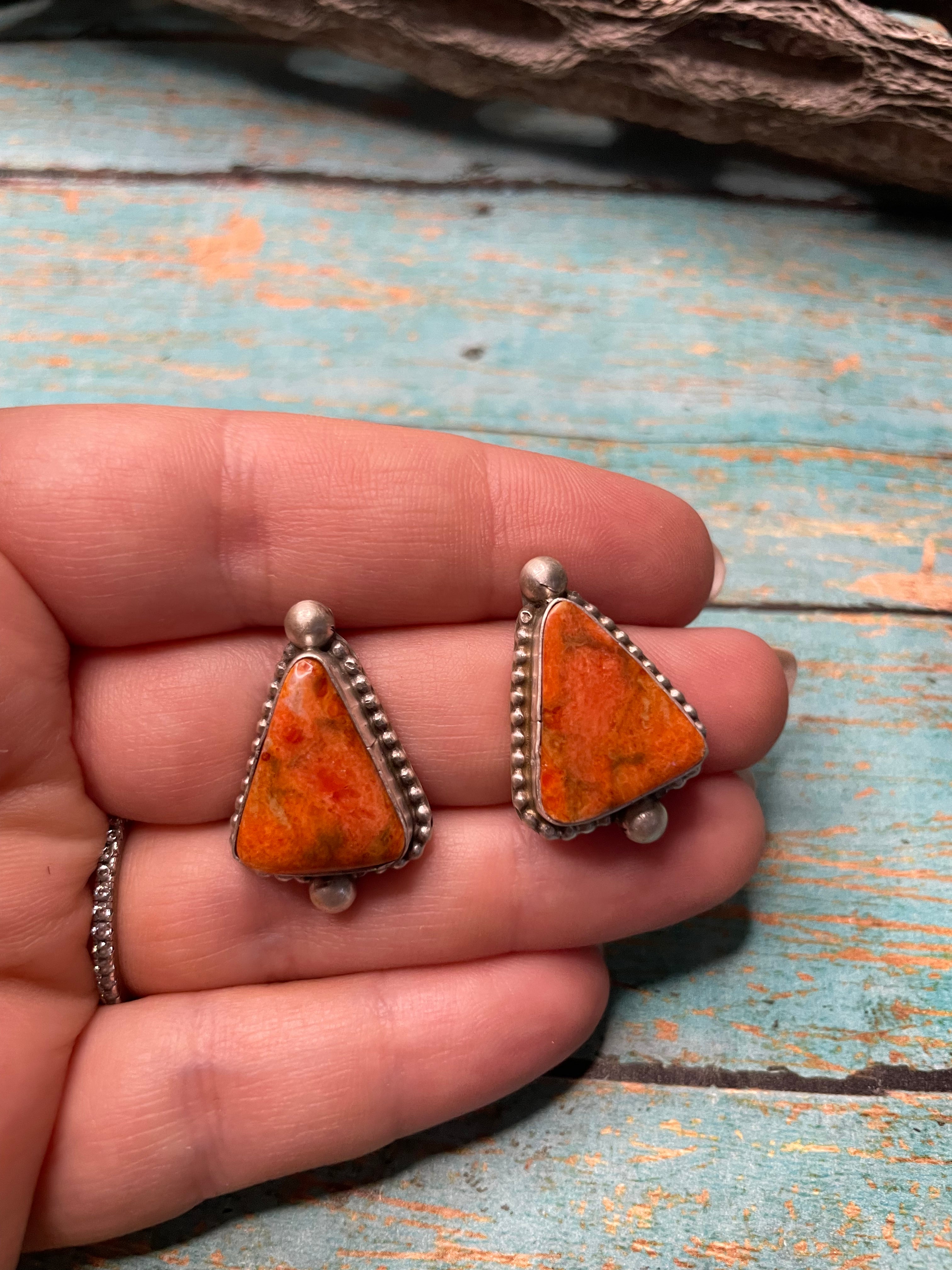 Navajo Apple Coral And Sterling Silver Post Earrings Signed