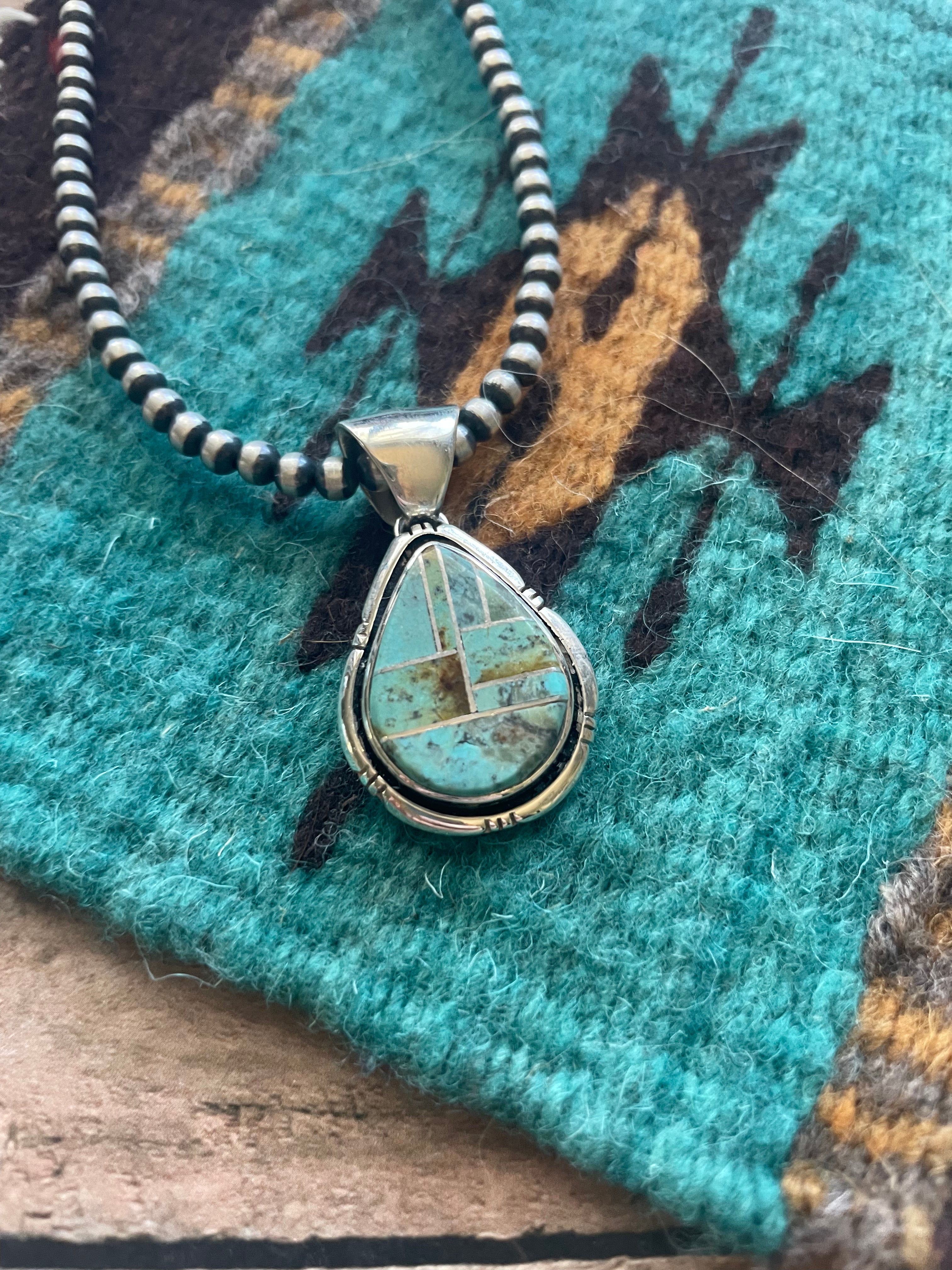 Number 8 Turquoise Inlay & Sterling Silver Pendant