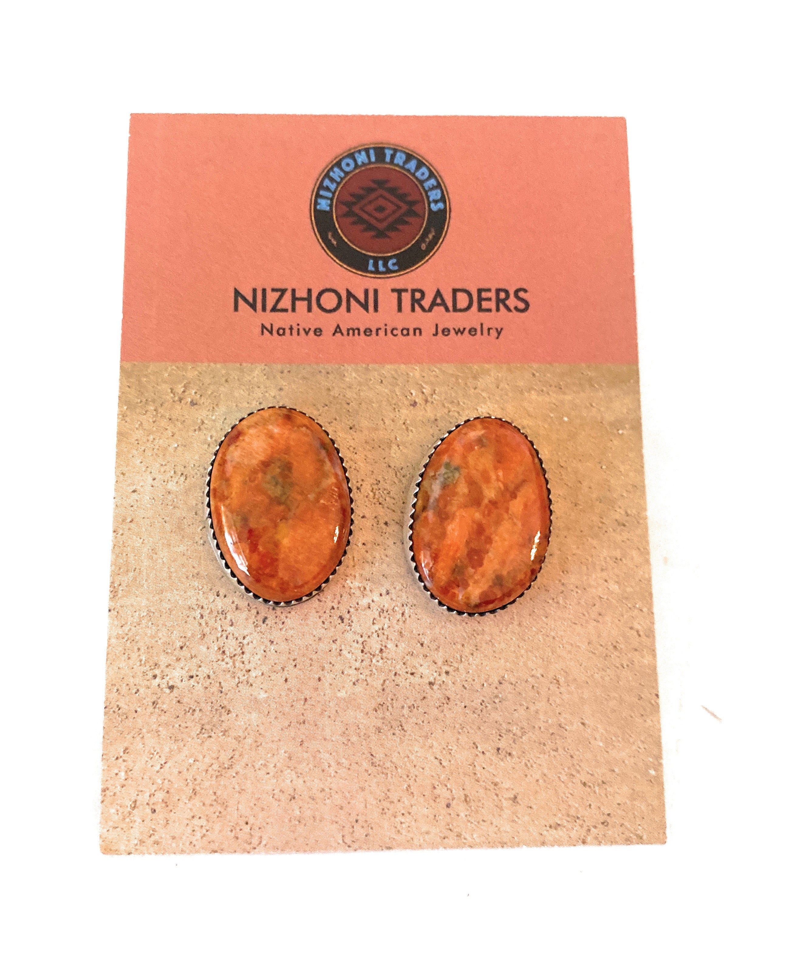 Navajo Sterling Silver & Orange Spiny Post Earrings 7/8”