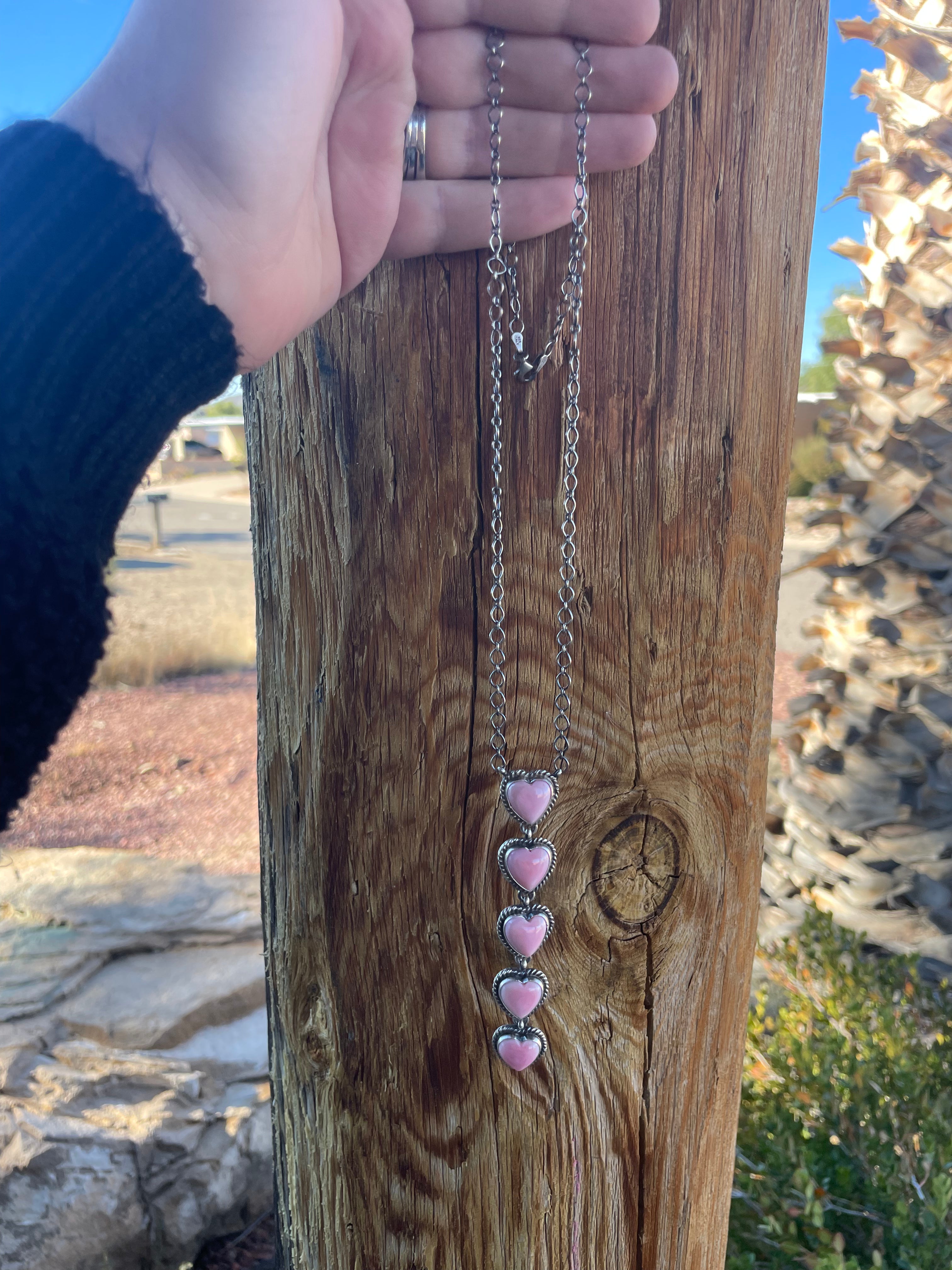 Navajo Queen Pink Conch Shell And Sterling Silver Drop 5 Heart Necklace Signed