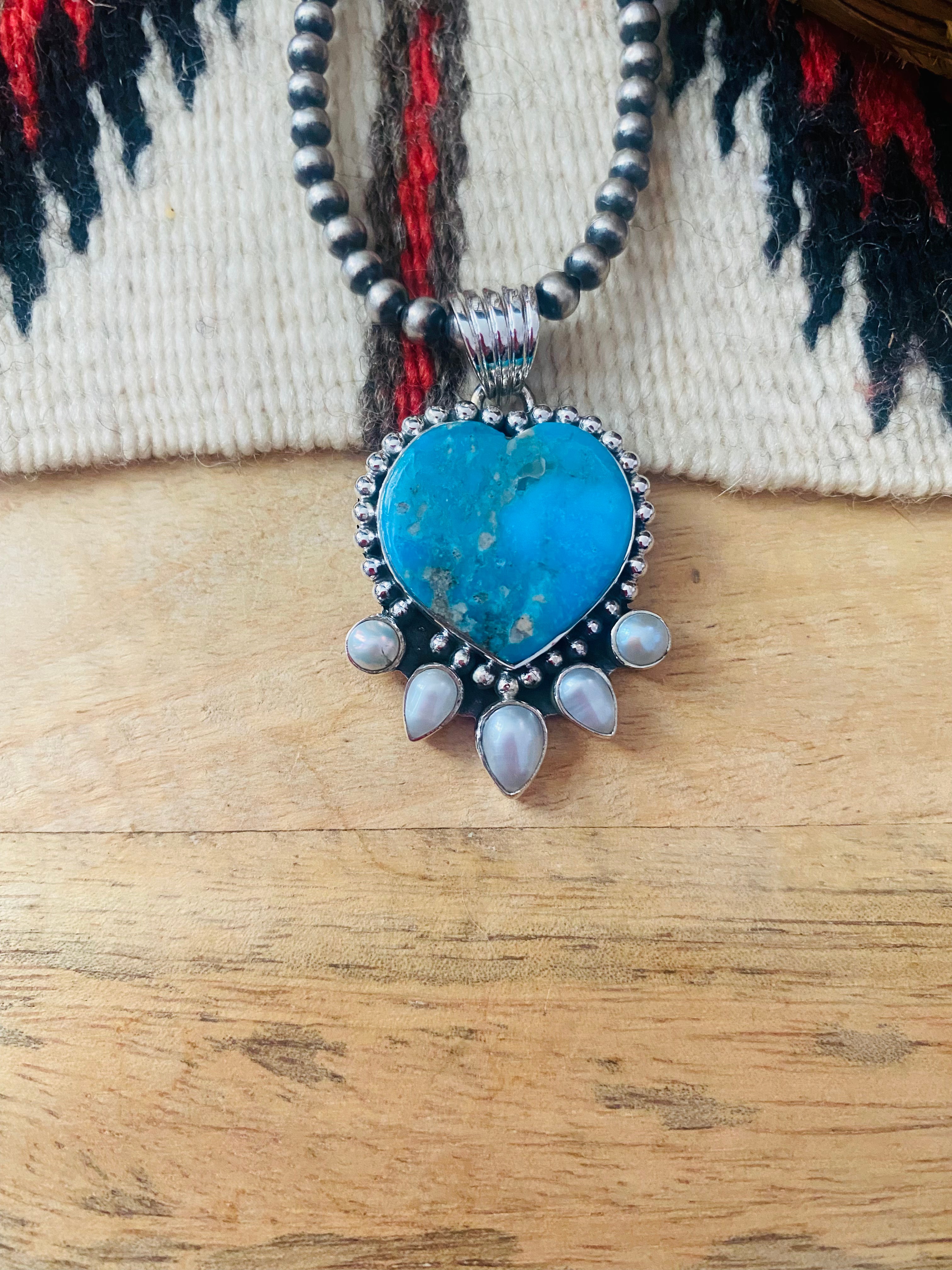 Kingman Turquoise & Pearl Heart Pendant