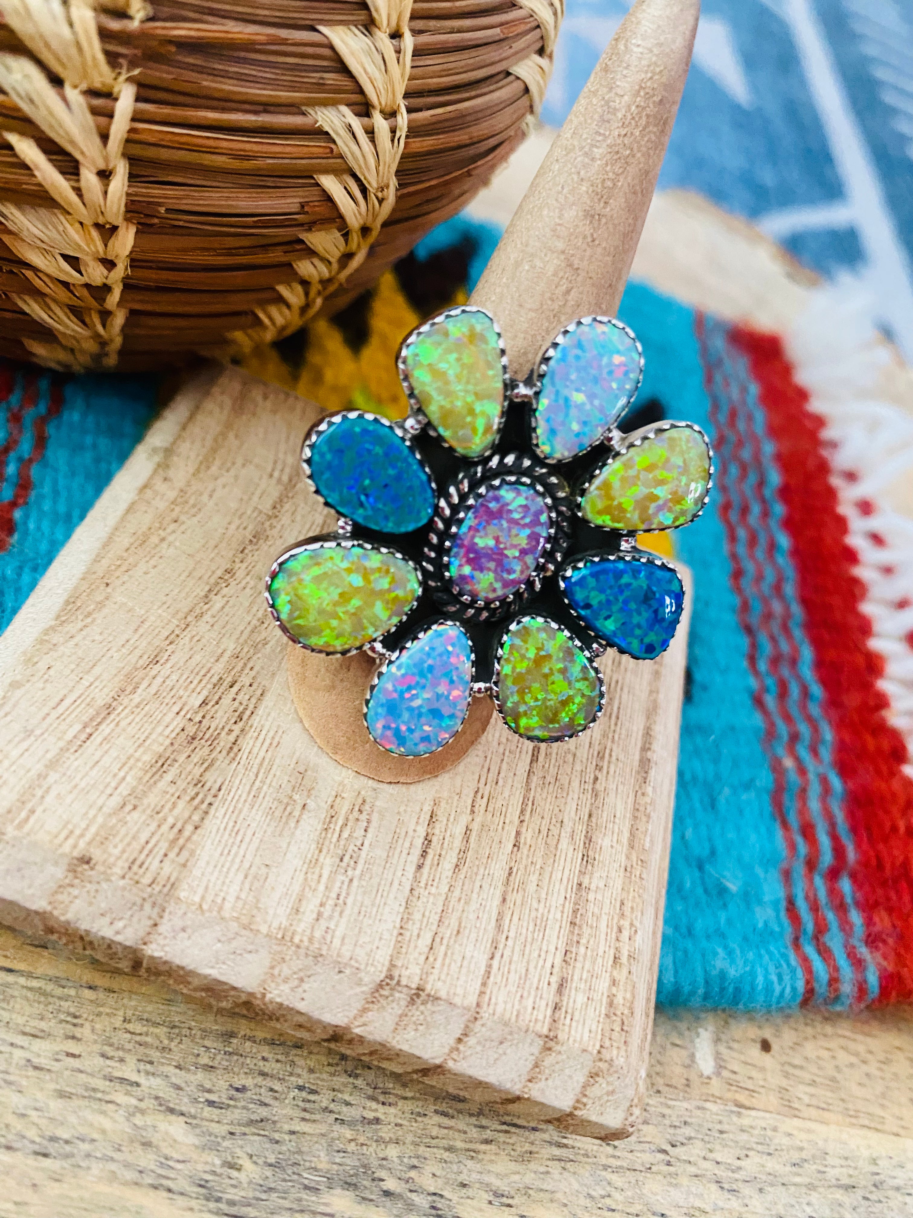 Handmade Sterling Silver & Opal Cluster Adjustable Ring