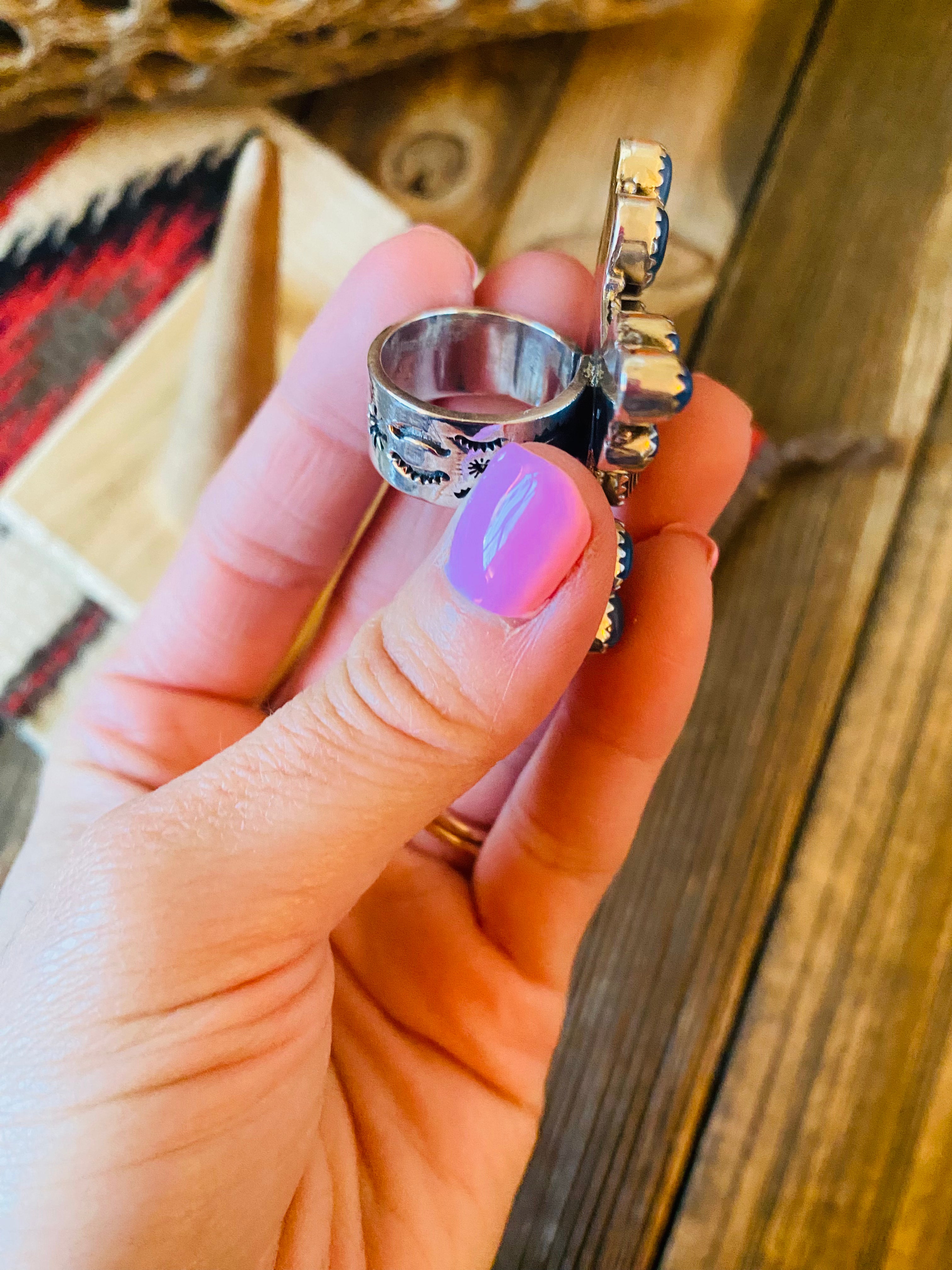 Handmade Sterling Silver, Fordite & Blue Chalcedony Cluster Adjustable Ring