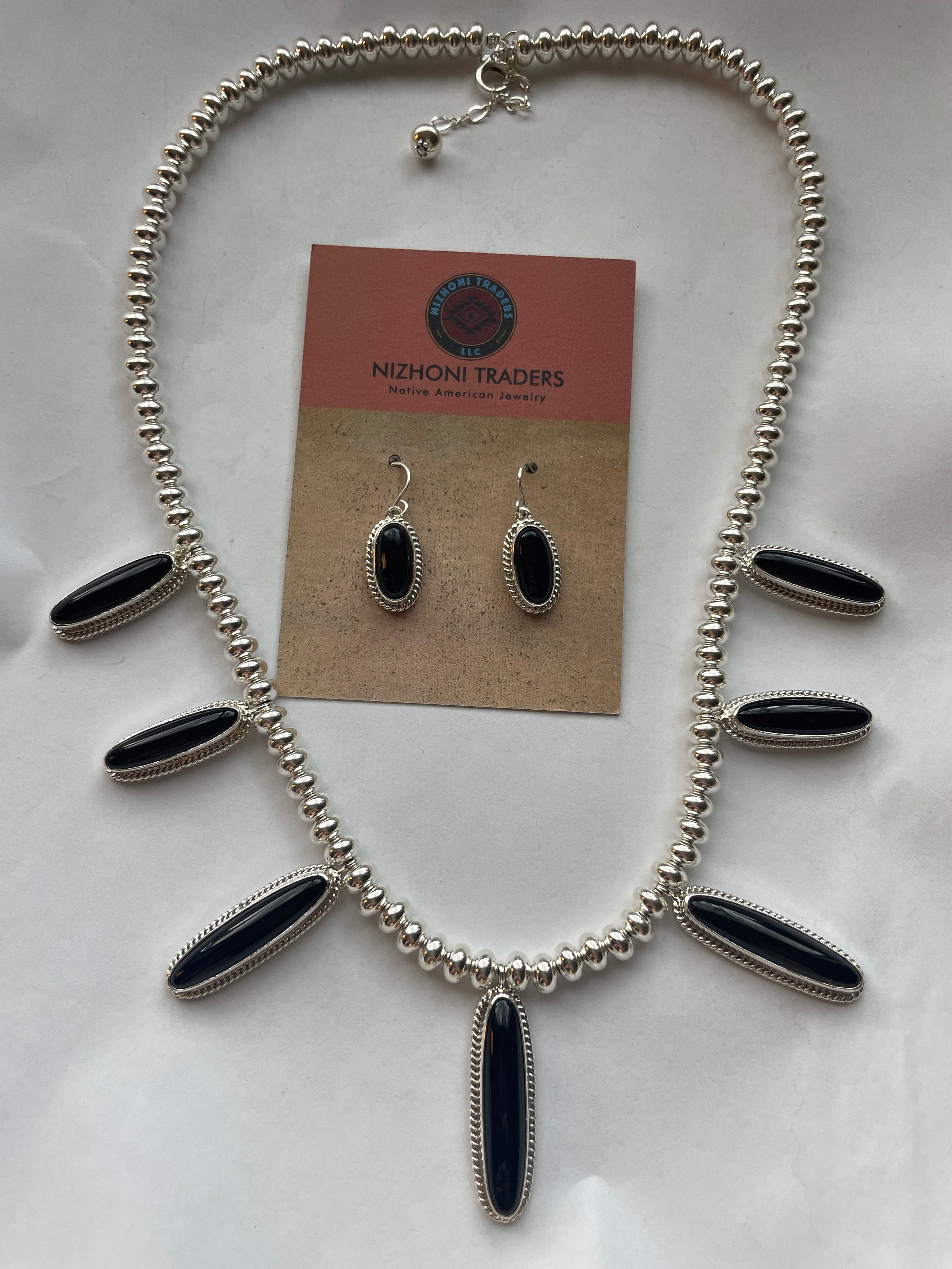 Navajo Sterling Silver & Black Onyx Necklace & Earring Set Signed