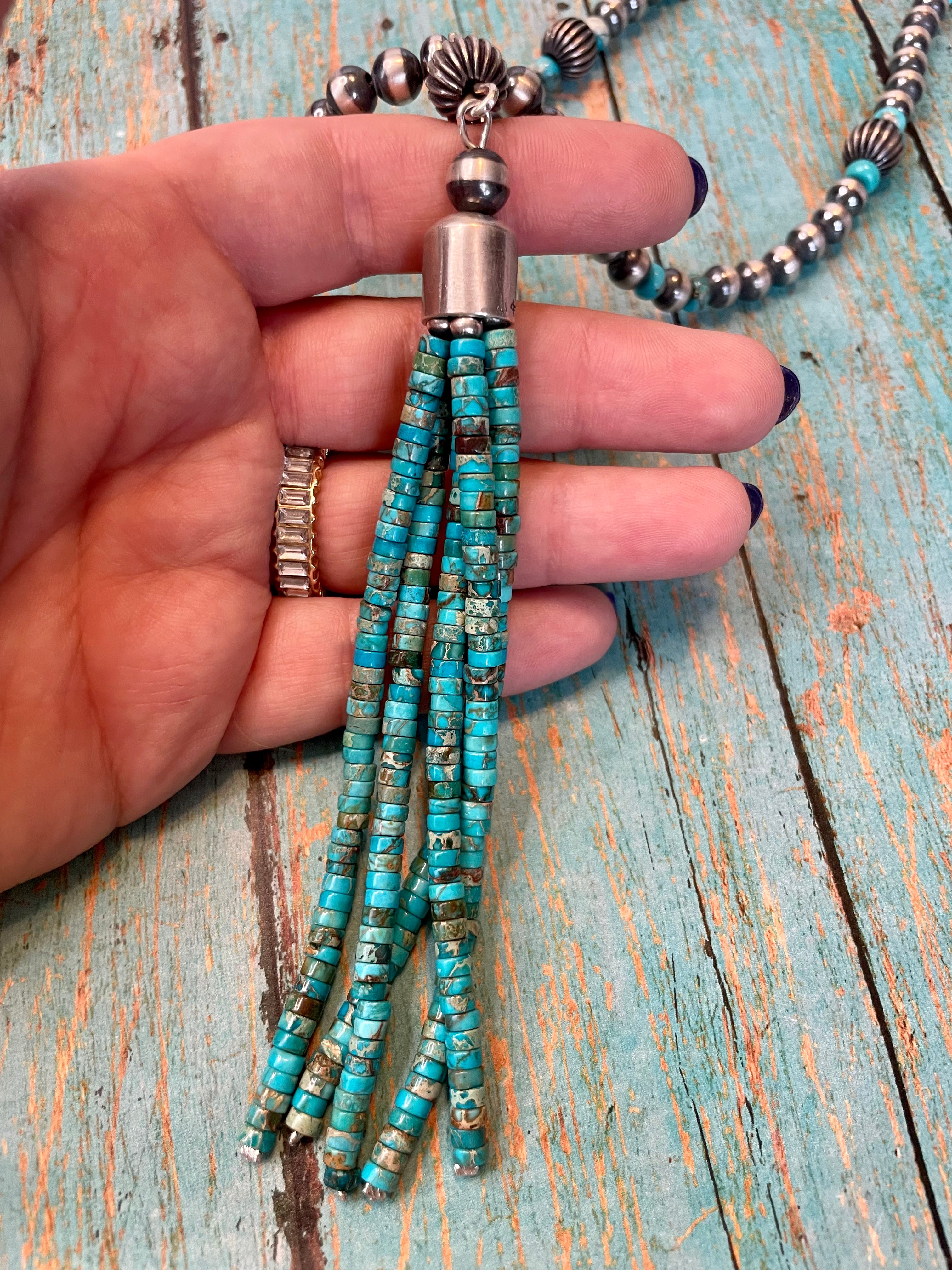 Navajo Sterling Silver And Turquoise Beaded Tassel Necklace