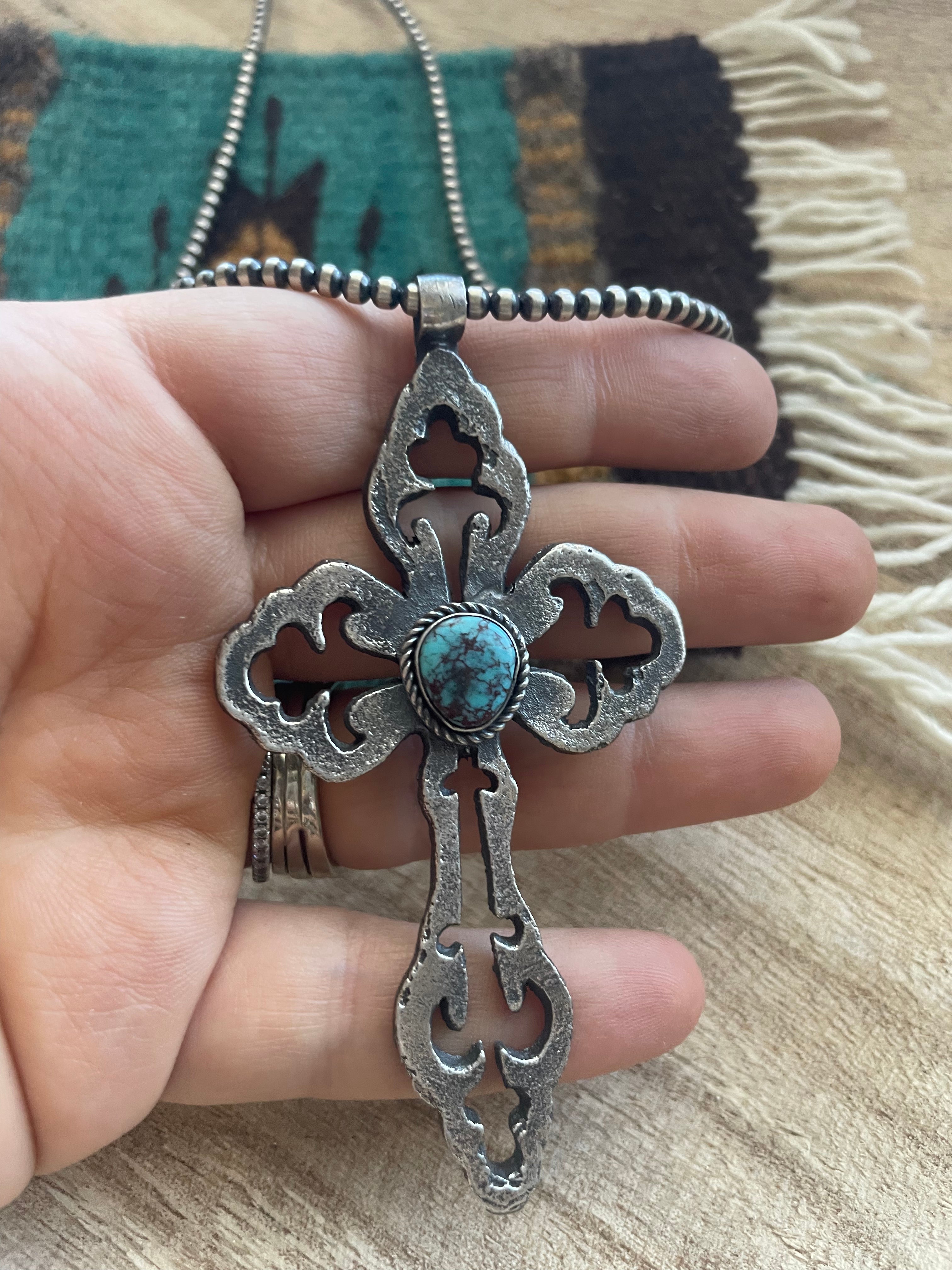 Navajo Sterling Silver & Turquoise Cross Pendant Signed Eugene Mitchell