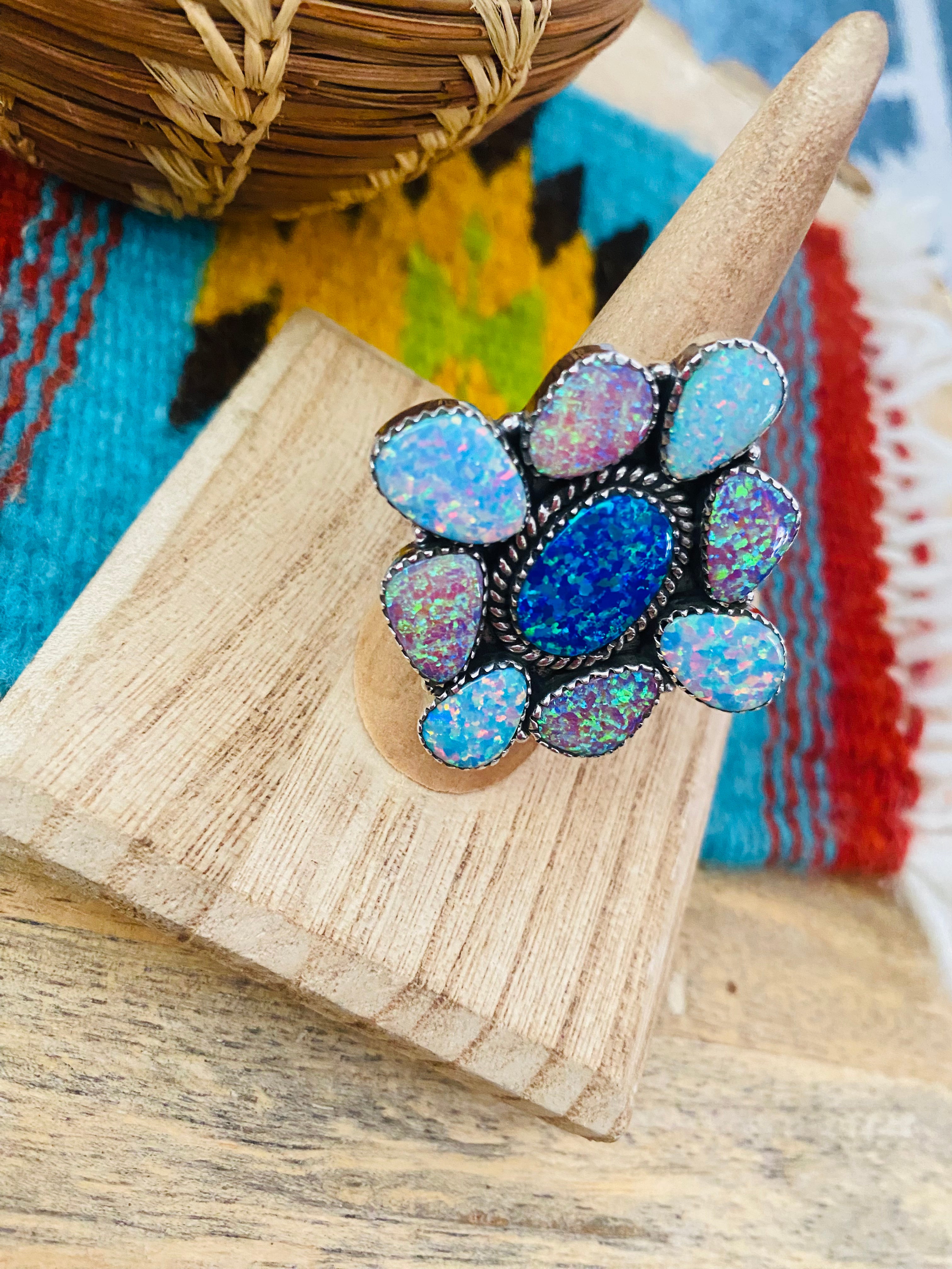 Handmade Sterling Silver & Opal Cluster Adjustable Ring