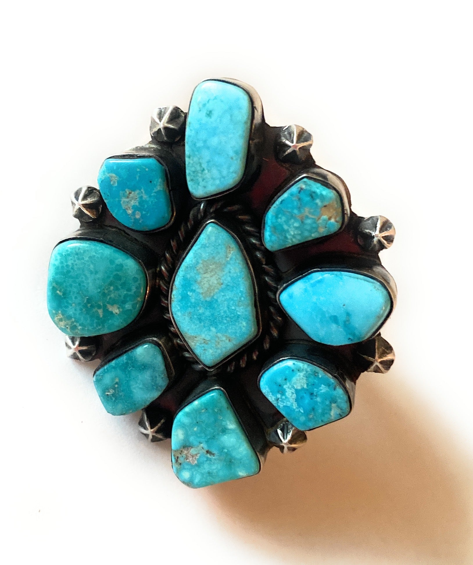 Navajo Kingman Turquoise & Sterling Silver Cluster Ring Size 8.5