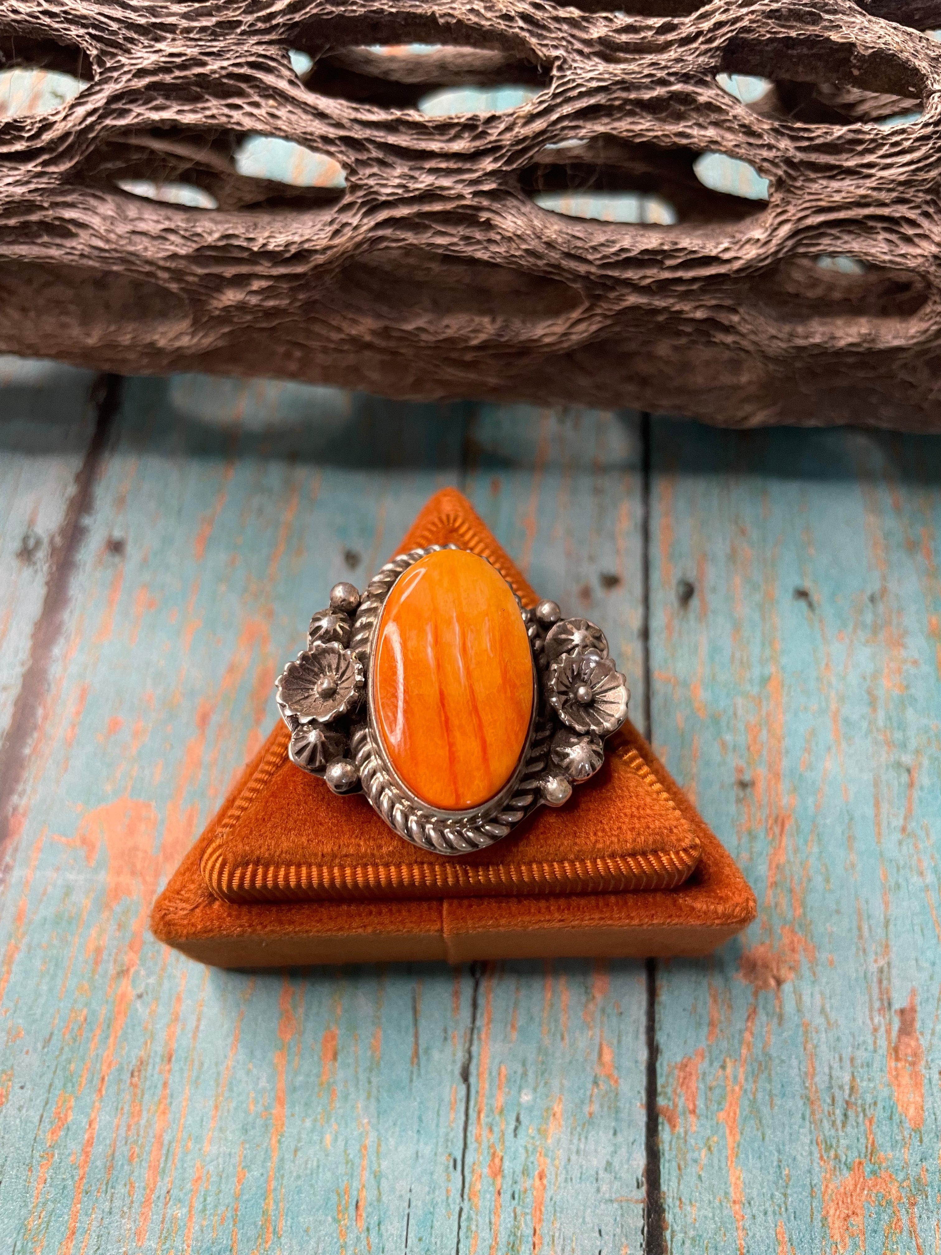 Old Pawn Navajo Sterling Silver & Orange Spiny Ring Size 8