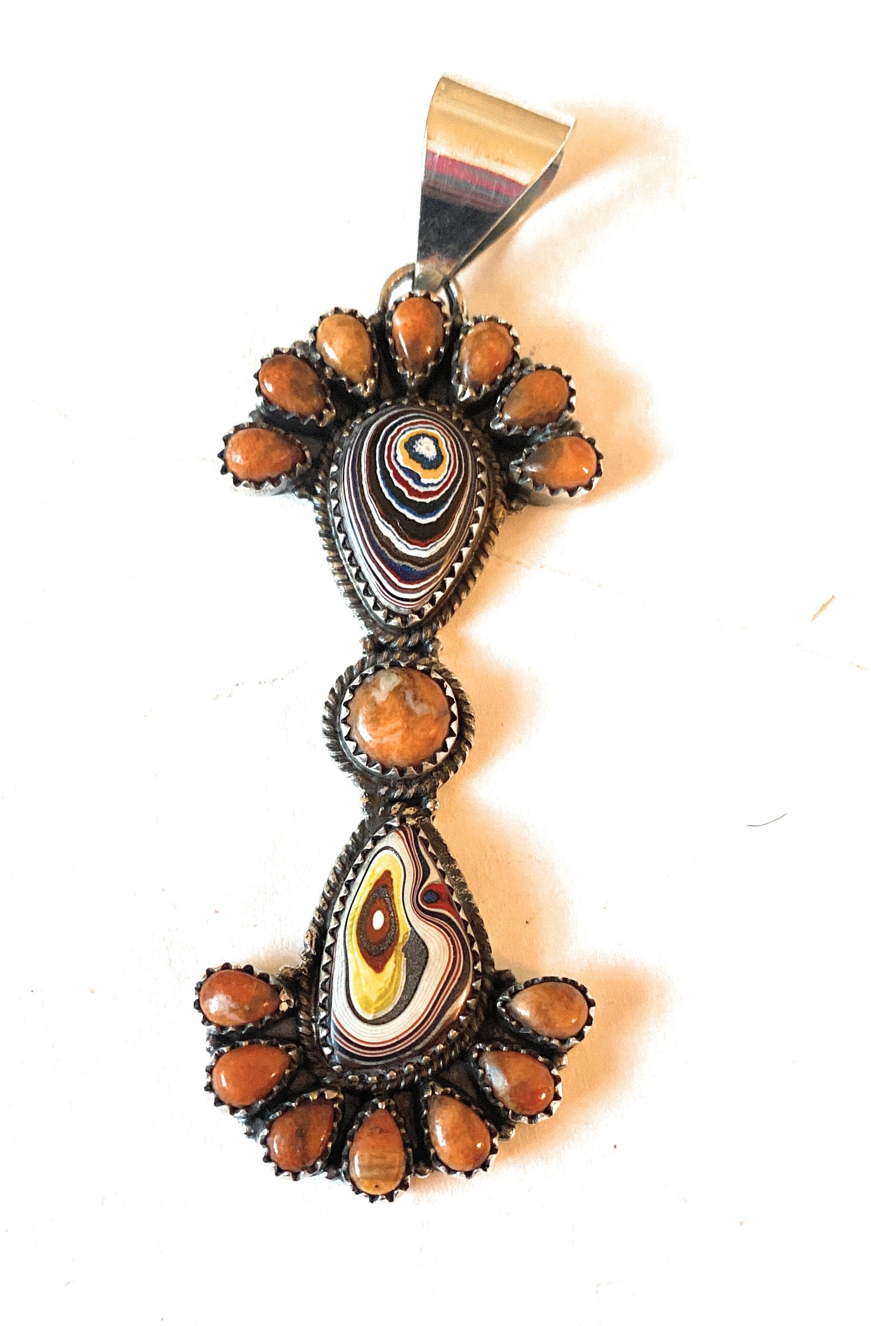 Handmade Sterling Silver, Fordite & Orange Mohave Cluster Pendant