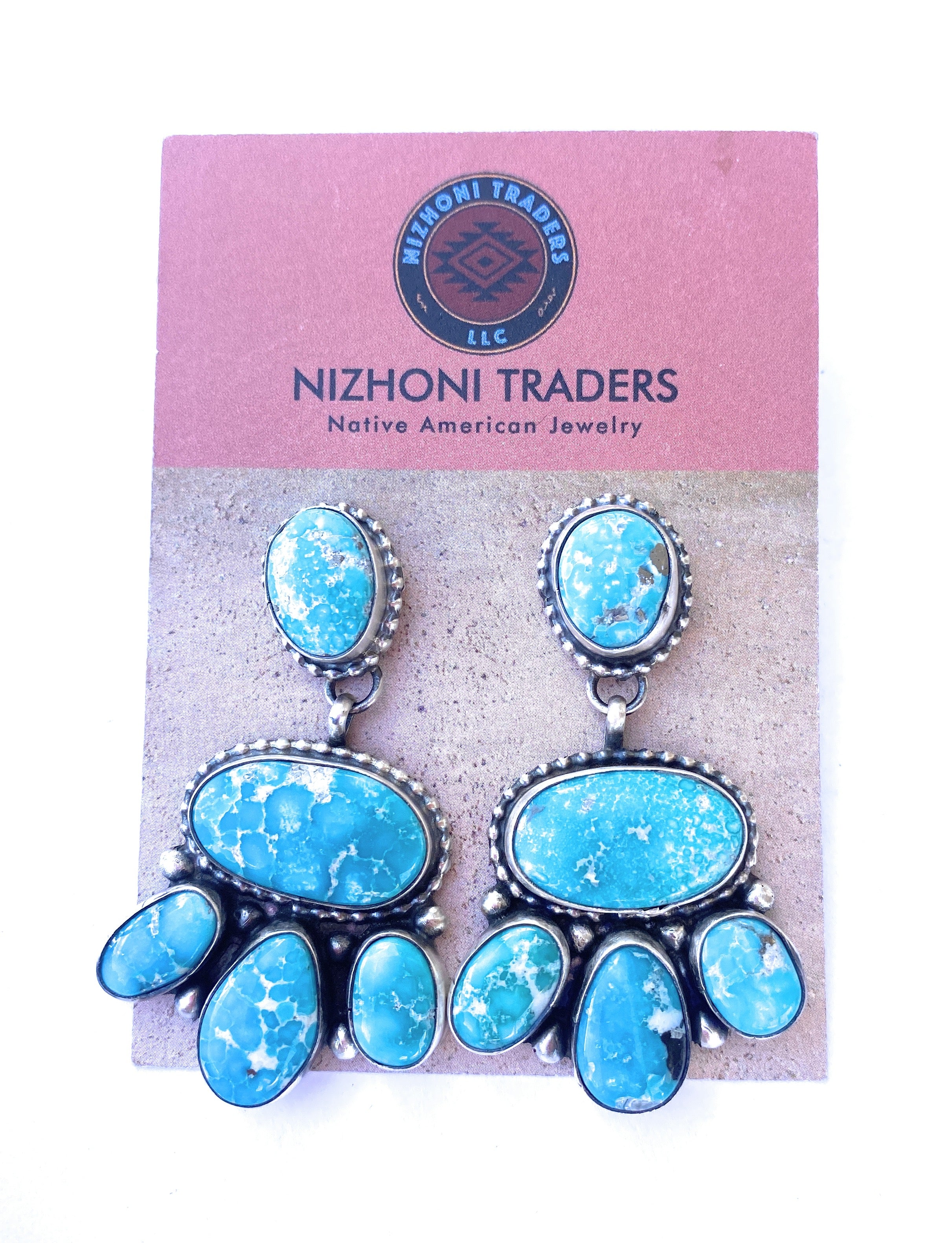 Navajo Turquoise & Sterling Silver Cluster Dangle Earrings